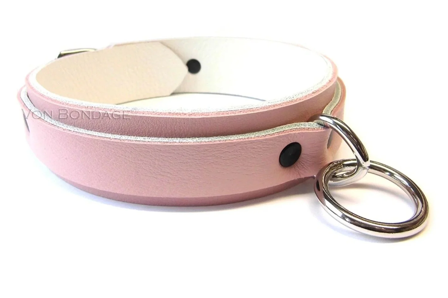 Pink & White Leather slave Collar with Stainless Steel D&O Ring