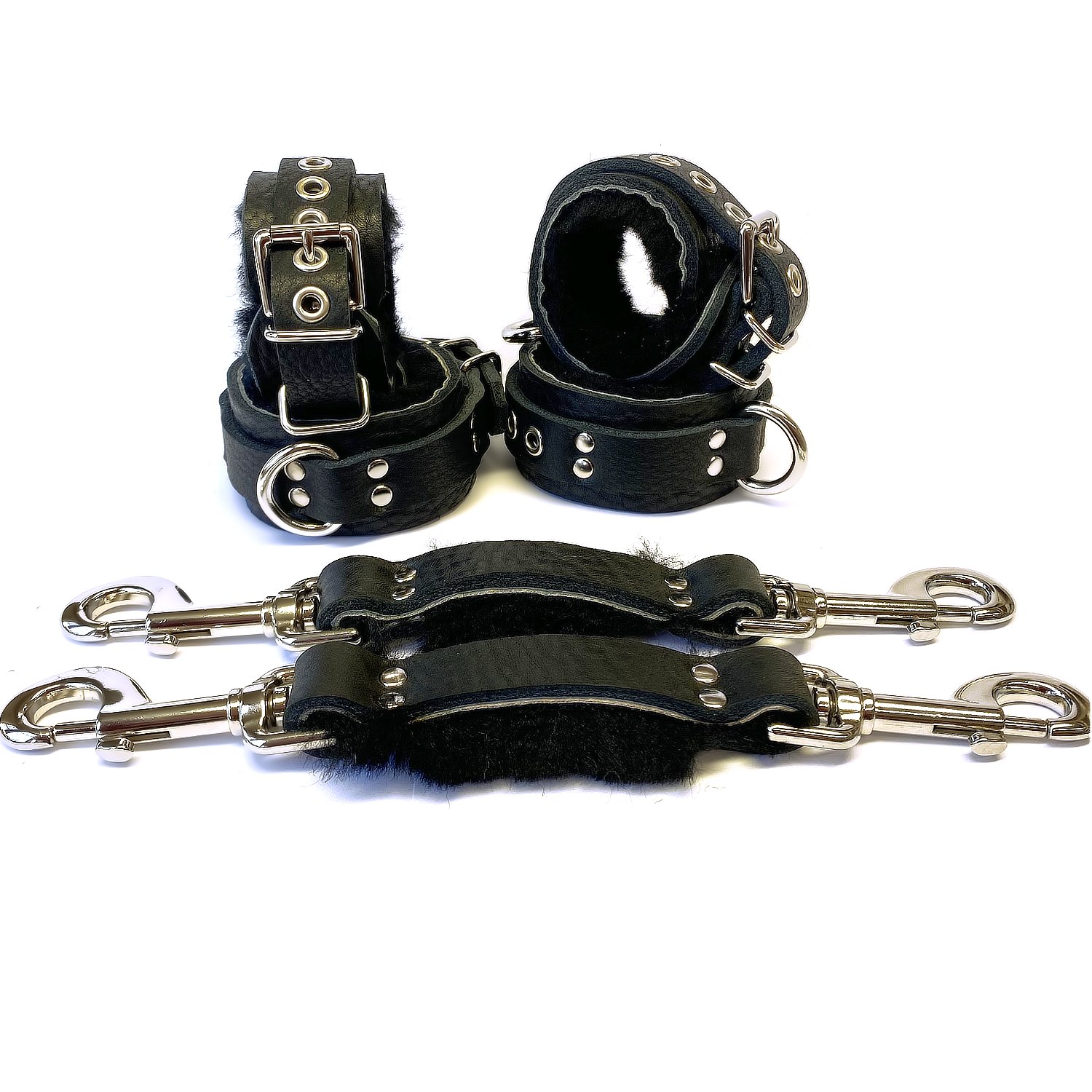 Lockable Wrist &amp; Ankle Restraints Set lined in Black Sheepskin Fur with Straps
