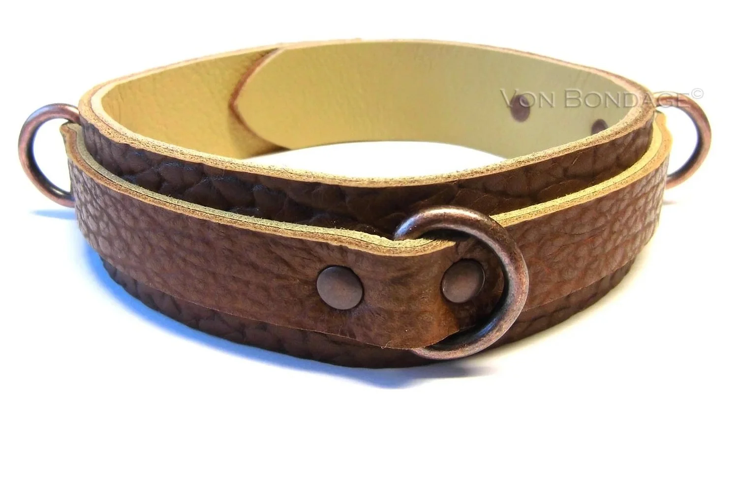 Cognac brown leather BDSM collar with three small copper D-rings