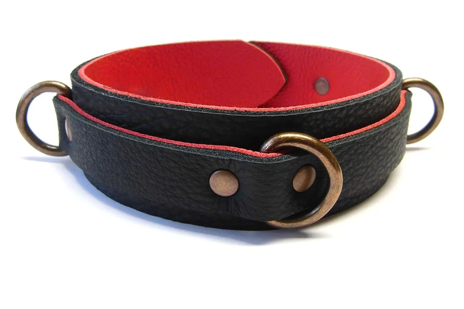 Black & Red Leather slave Collar with triple small copper dee rings