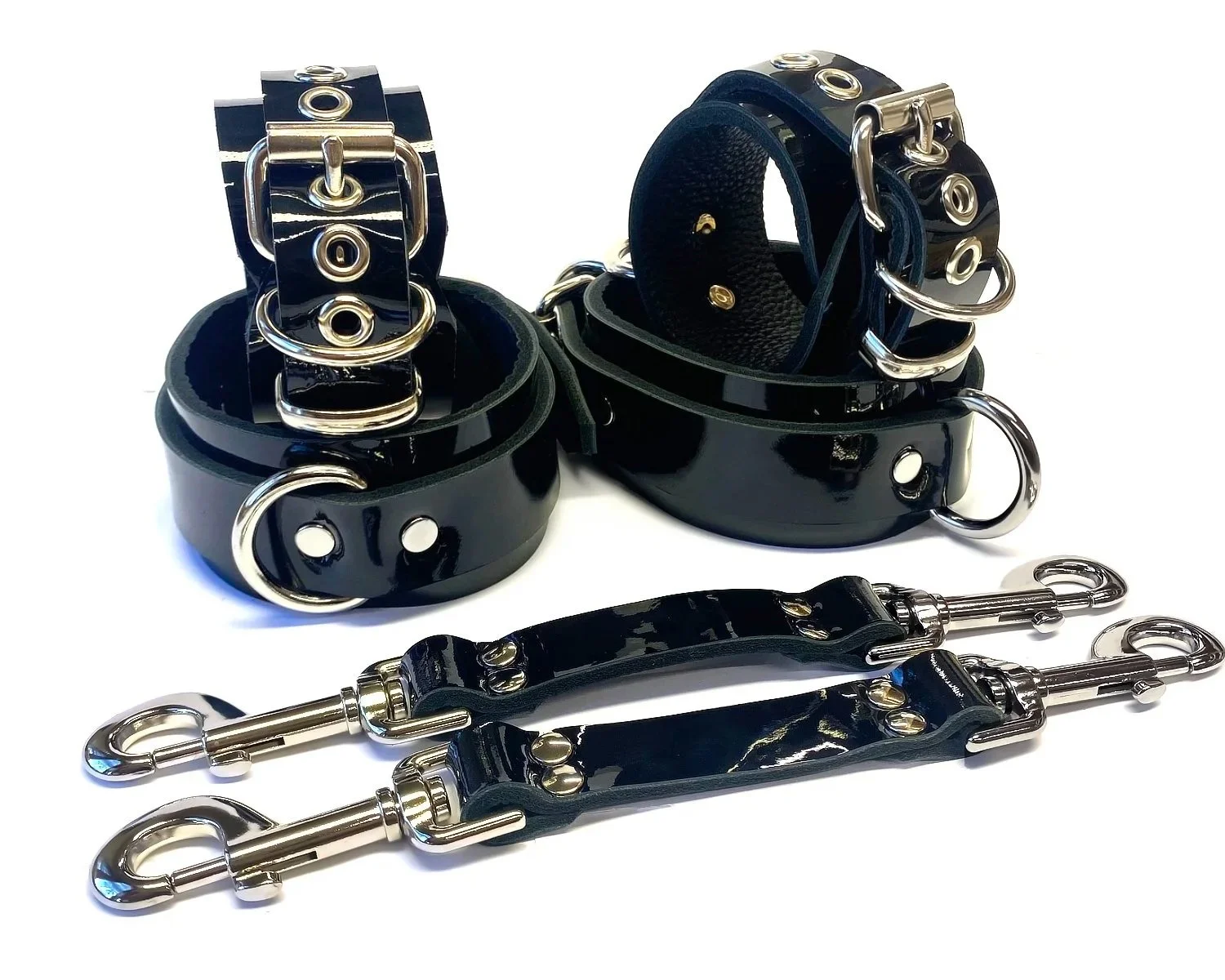 Black Patent Leather BDSM Set with pair of Bondage Straps