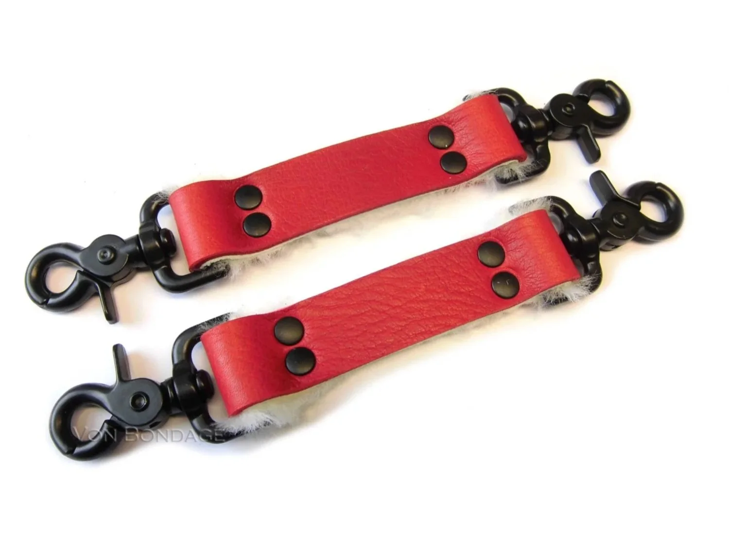 Pair of Furry Red BDSM Straps for Restraints Black Clips