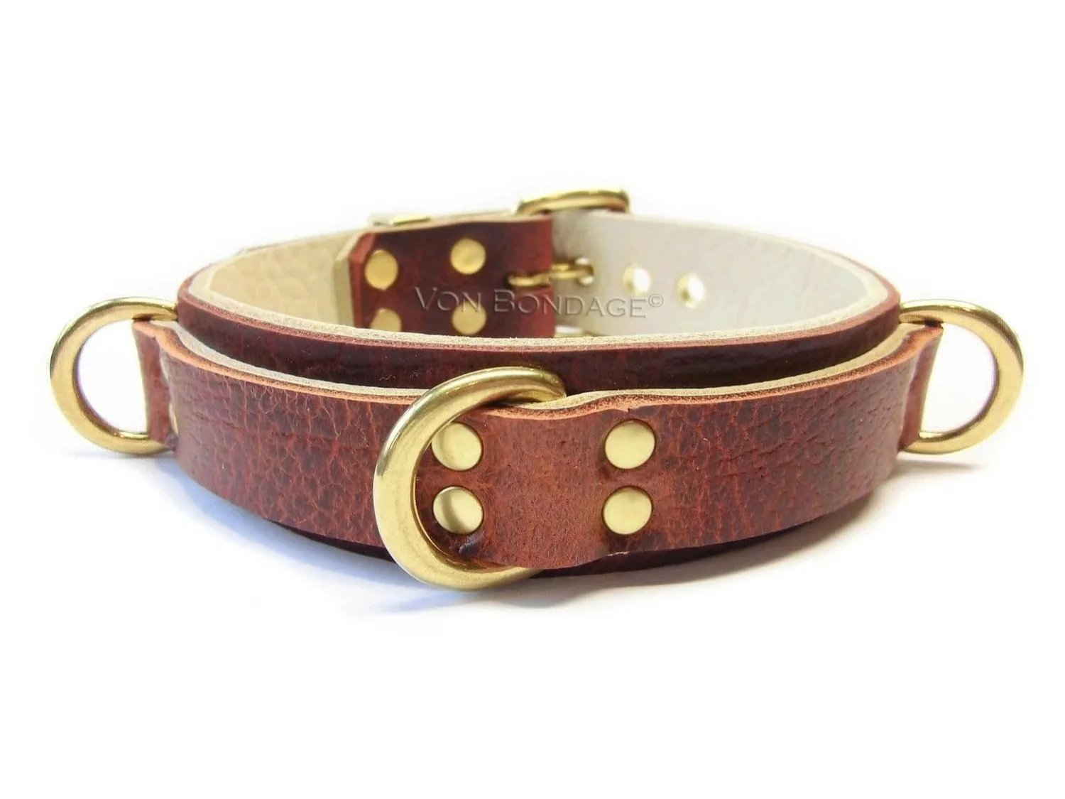 brown bison leather bdsm collar with 3 brass d-rings