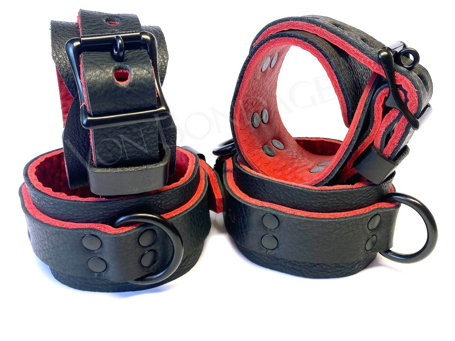 Wrist & Ankle Restraints Set | Bison & Red Leather | Black Steel