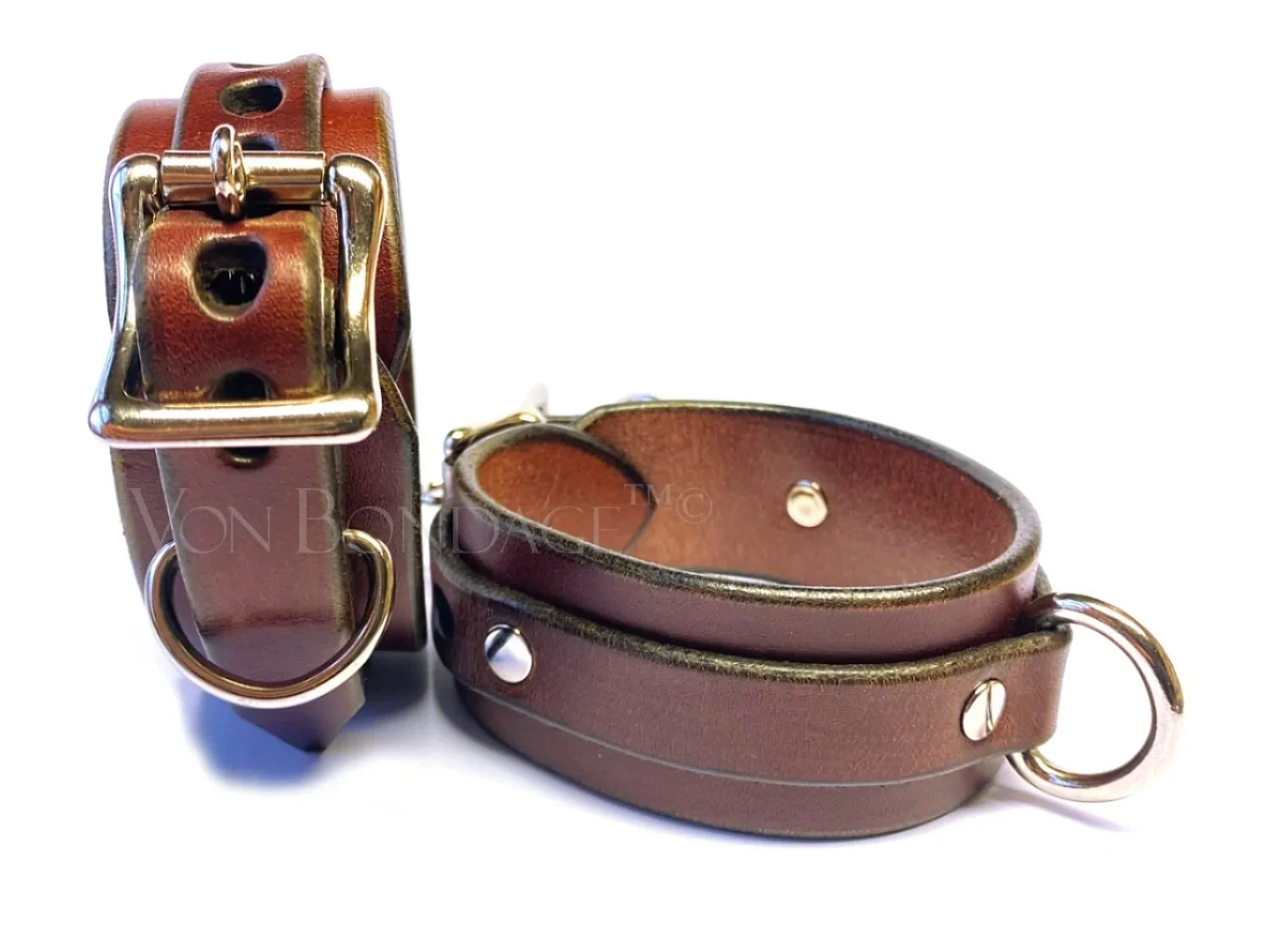 Pair of Lockable Leather Restraints in Brown Leather