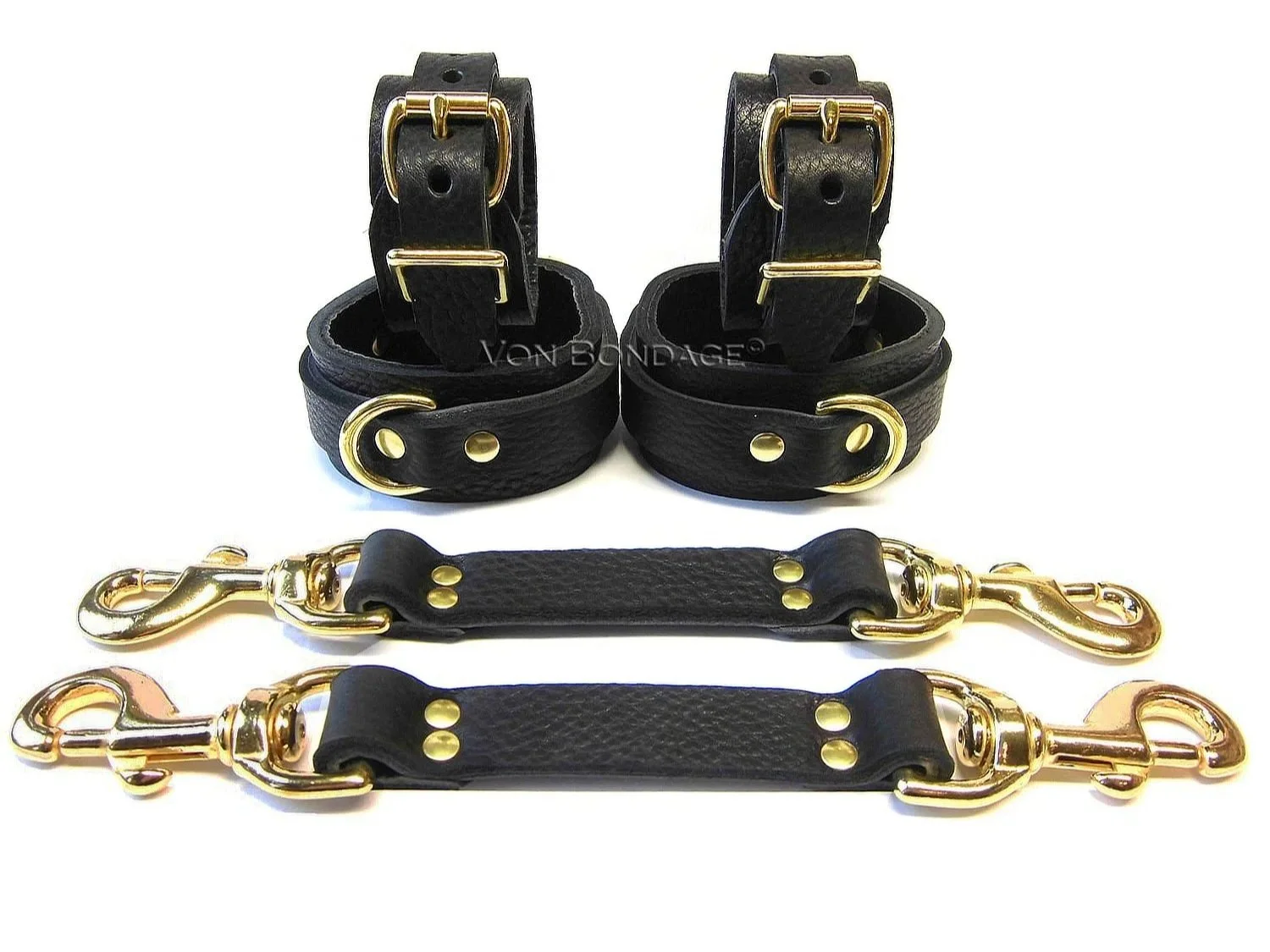 Black Bullhide Leather BDSM Restraints Set in Brass pair of hogtie straps