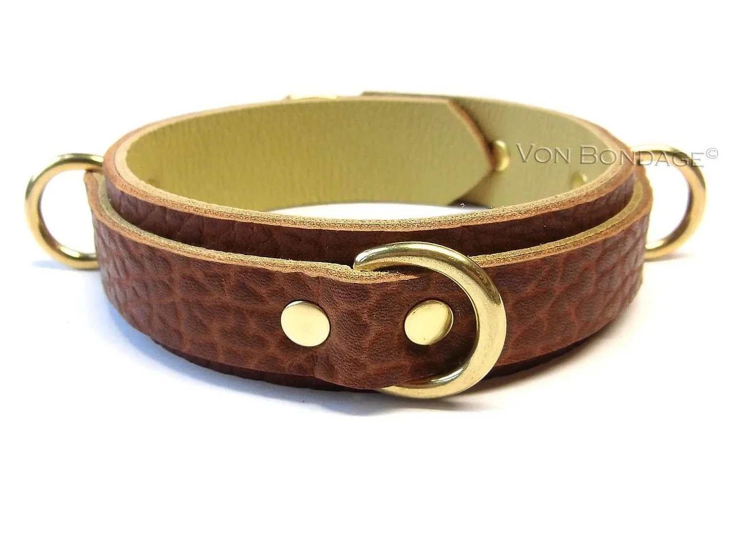 brown bullhide leather collar with 3 brass dee rings
