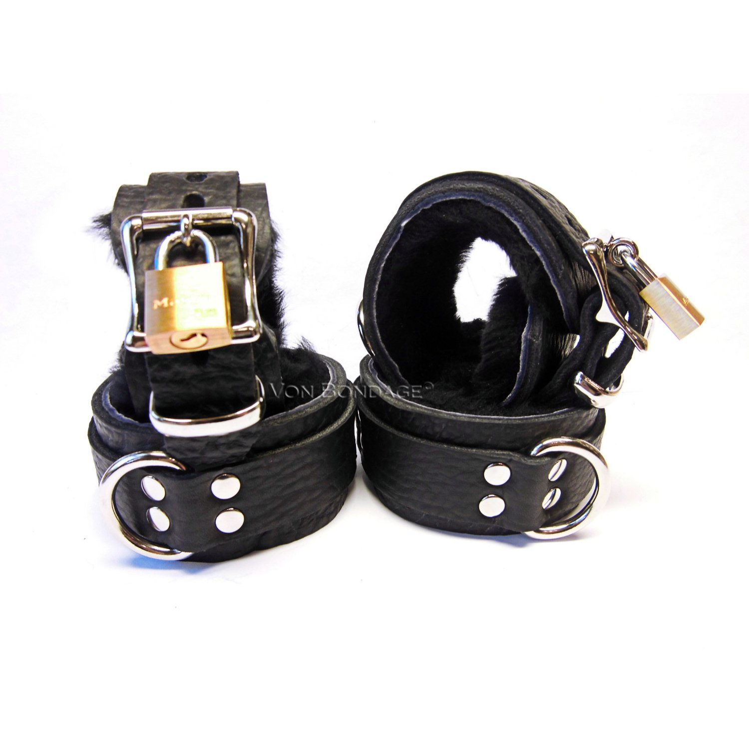 Lockable Wrist &amp; Ankle Leather Restraints lined in Black Fur in Black Bullhide