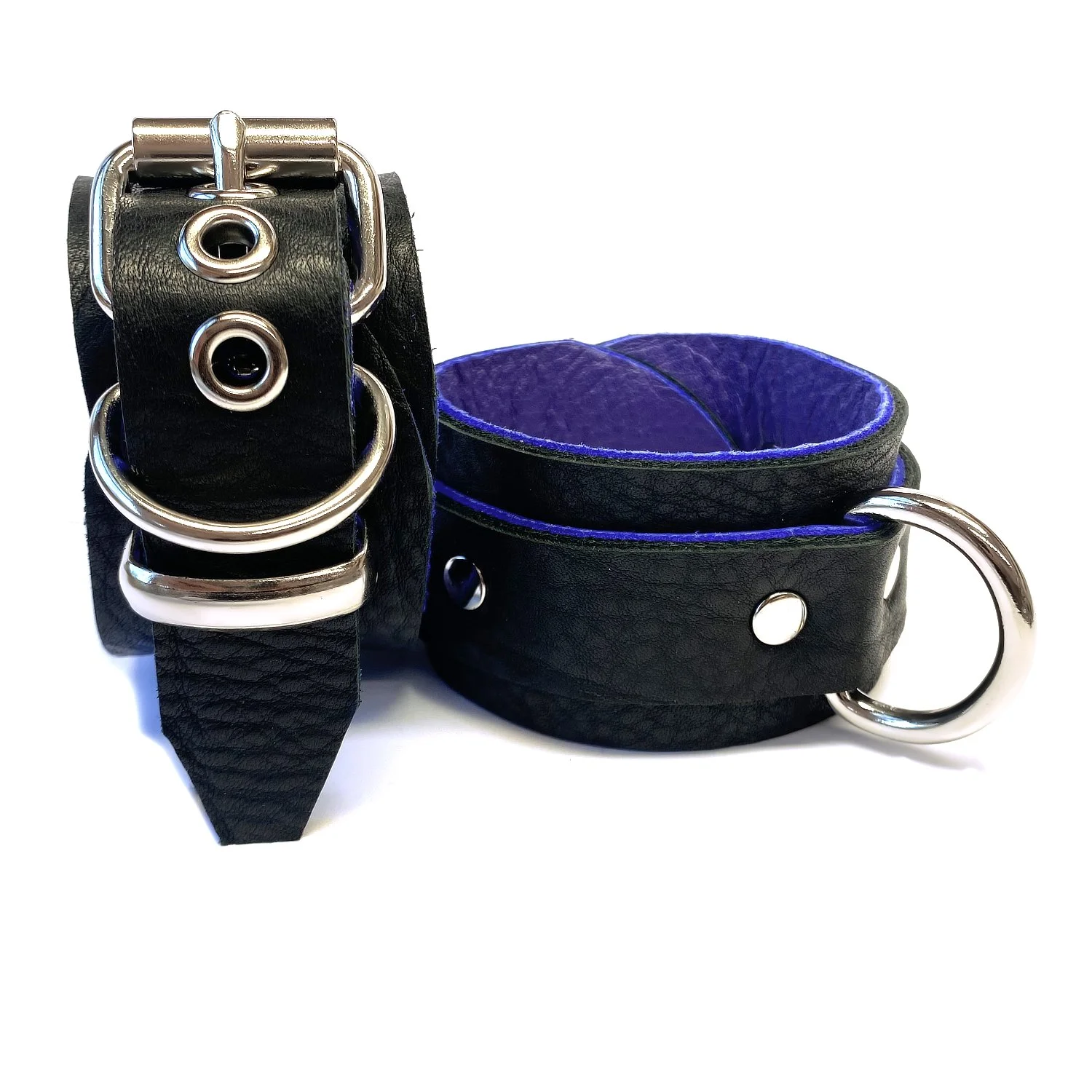 Pair of Black &amp; Purple Leather Restraints with 1 inch d-rings