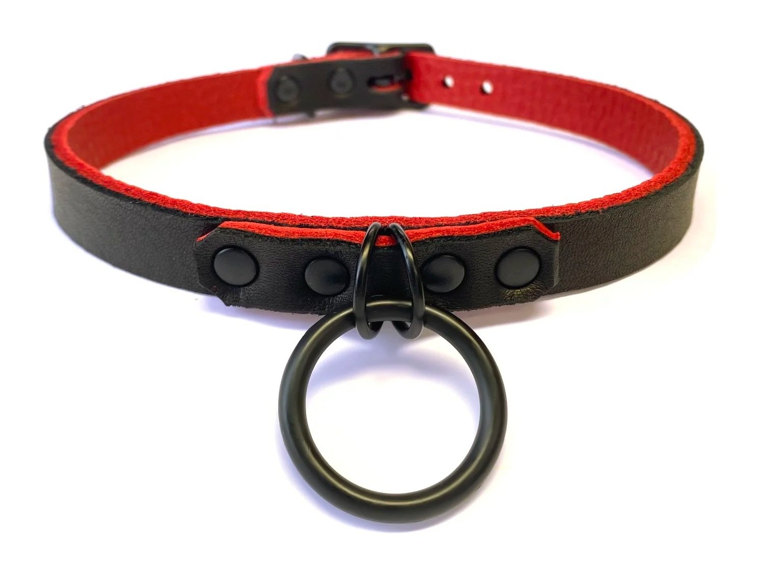 Black & Red Leather Day Collar with 2 Black D-rings and O-ring
