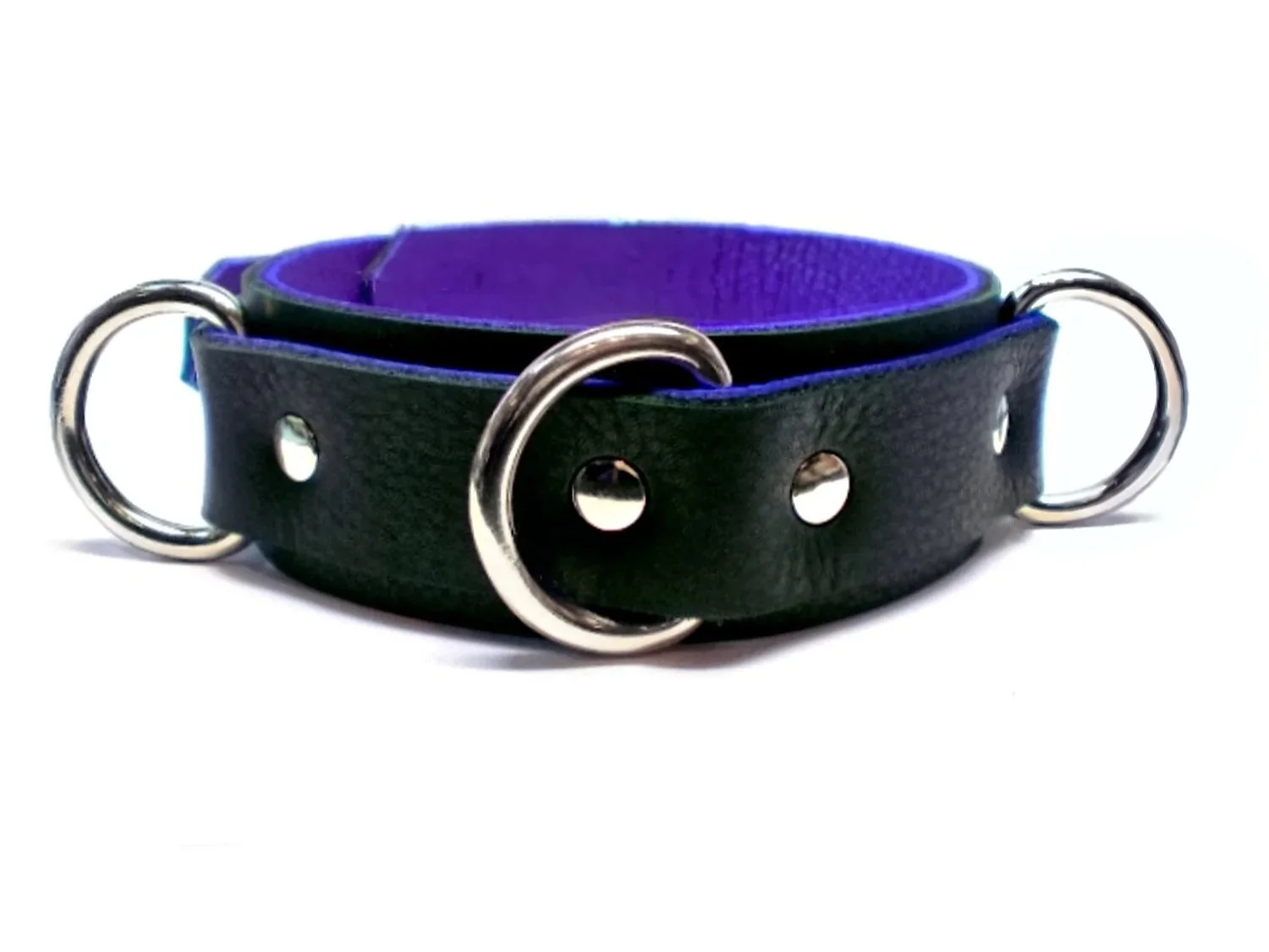 Soft Black & Purple slave Collar with 3 Medium Dee Rings across front and sides
