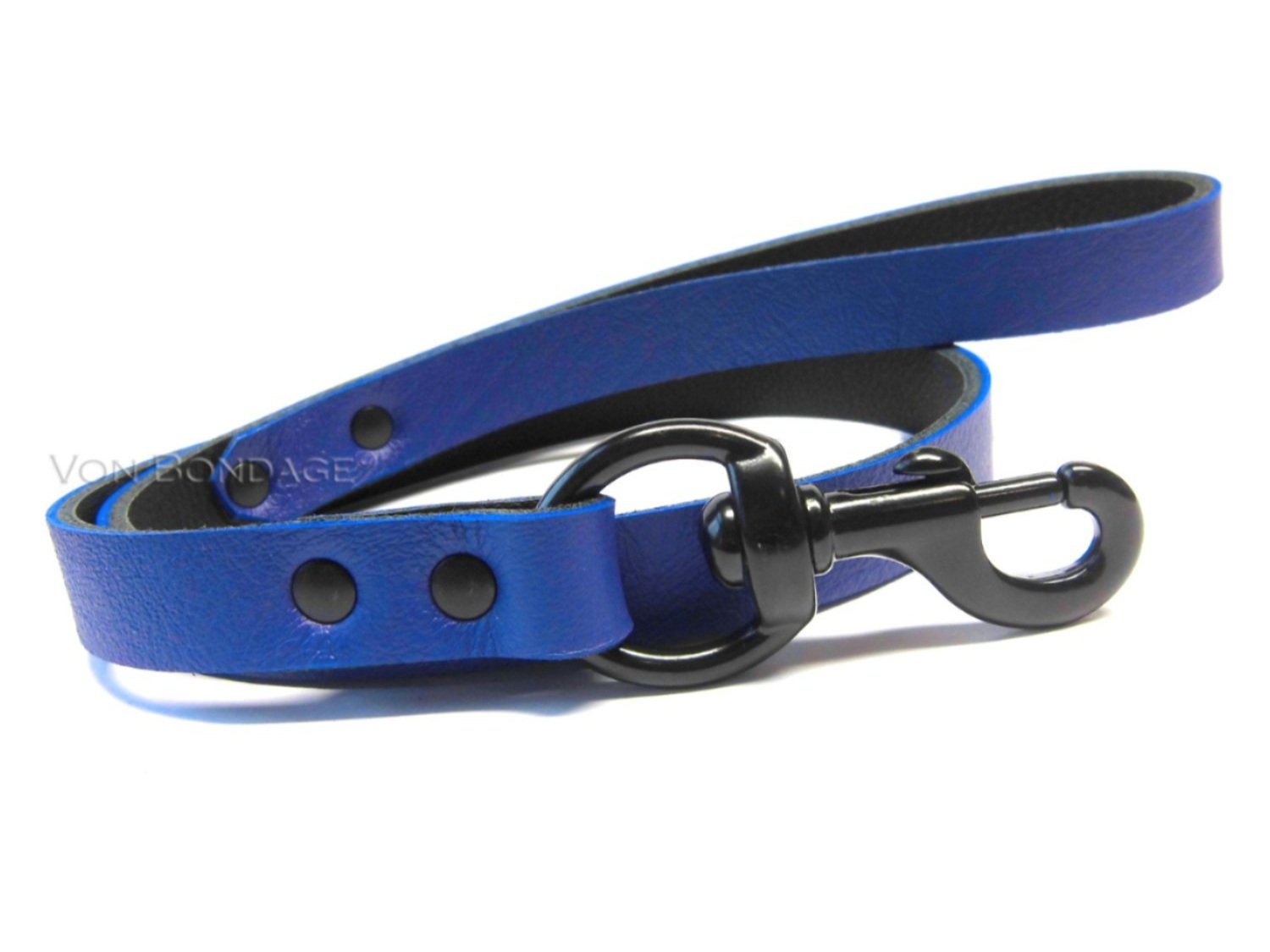 Blue Leather Bondage Leash with Black Steel Bolt Snap
