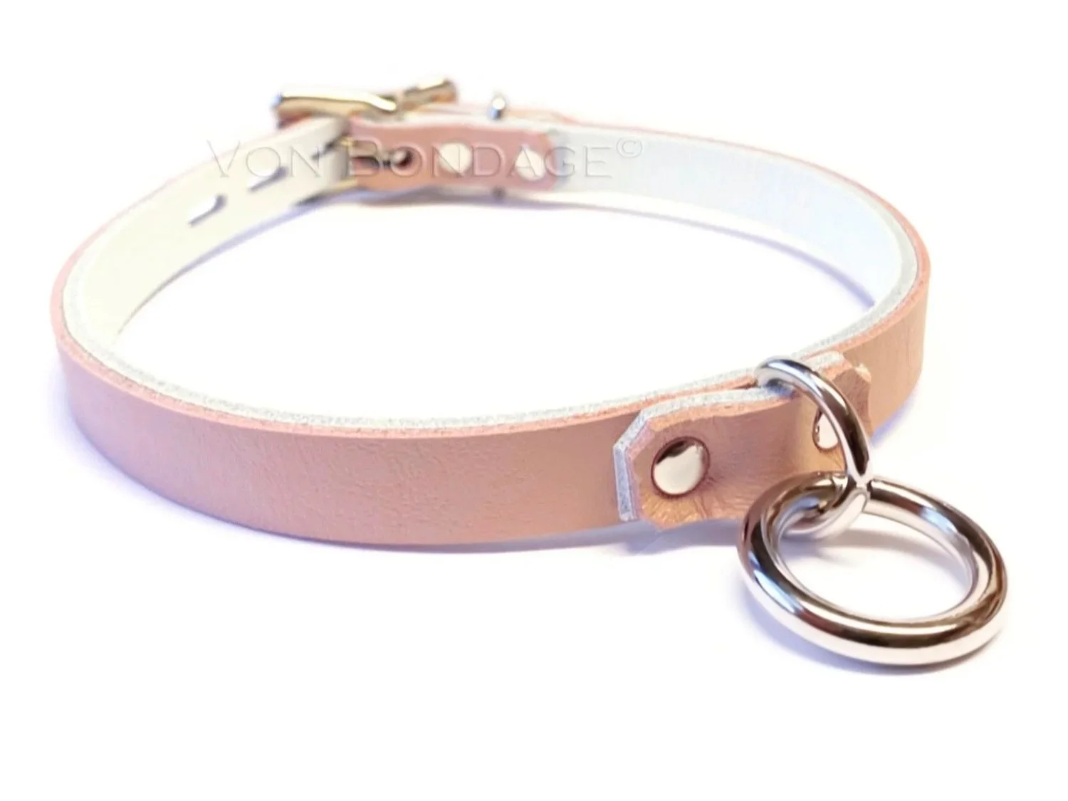 Discreet BDSM Day Collar with Small Ring in pink and white leather