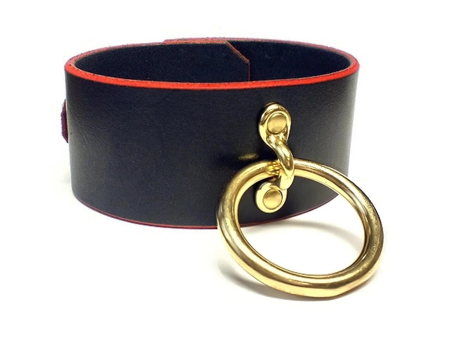 black leather bondage collar with large brass o-ring and red edges