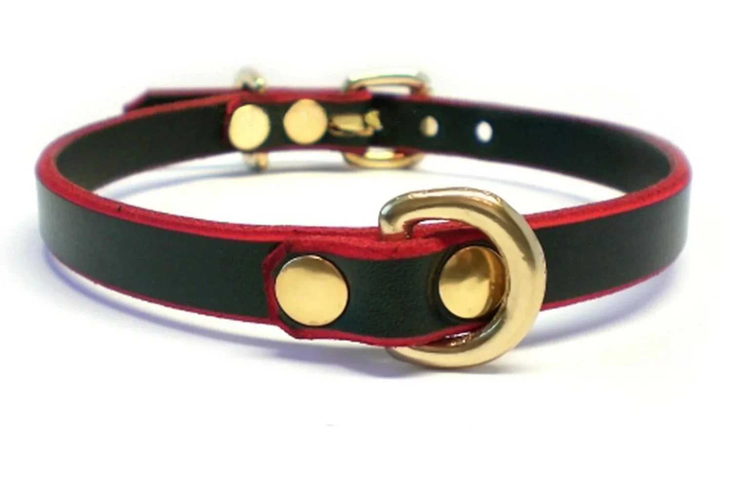 black leather day collar red edges fitted with a small brass d-ring