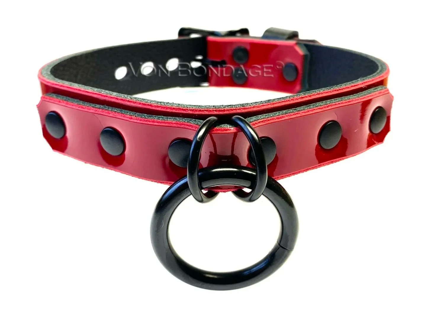 Red Patent Leather Lockable BDSM Collar with  Black O-ring