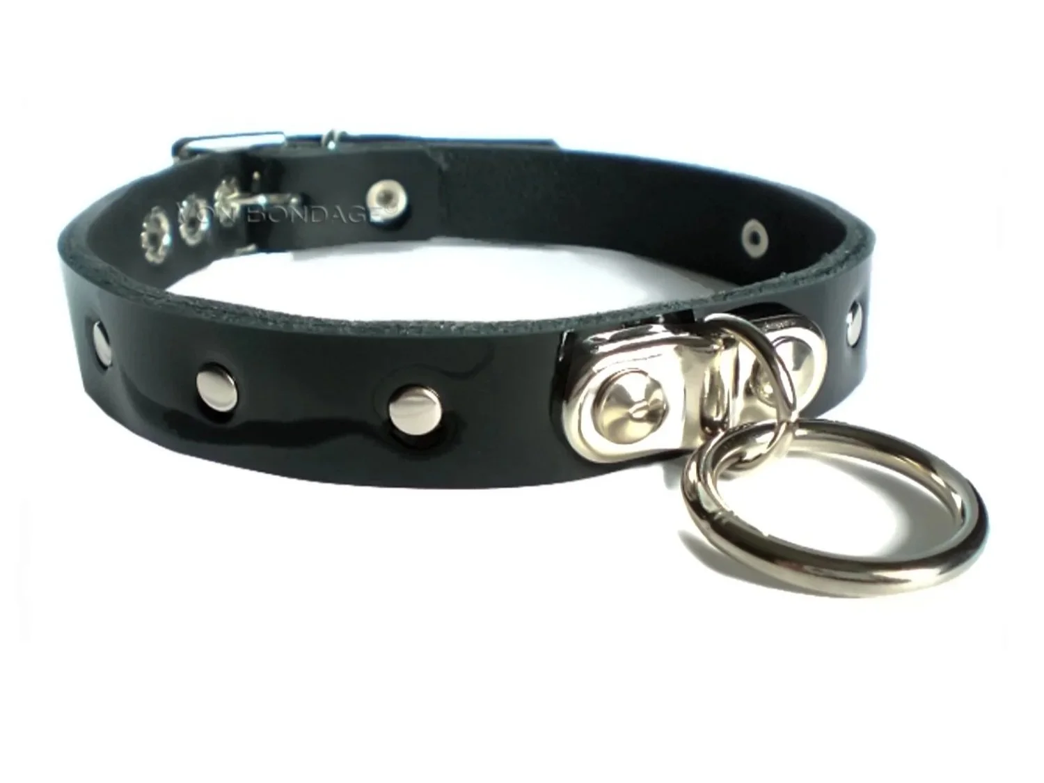 Black Patent Leather BDSM Collar with plated D&O Ring and rivet studs