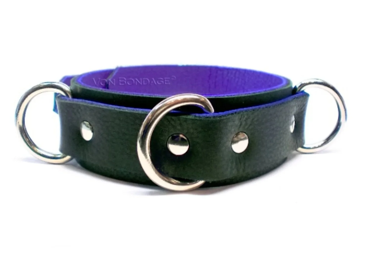 Black & Purple Leather BDSM Collar with 3 25mm D-rings