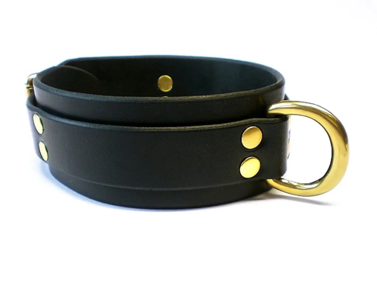 black leather bondage collar with brass d-ring