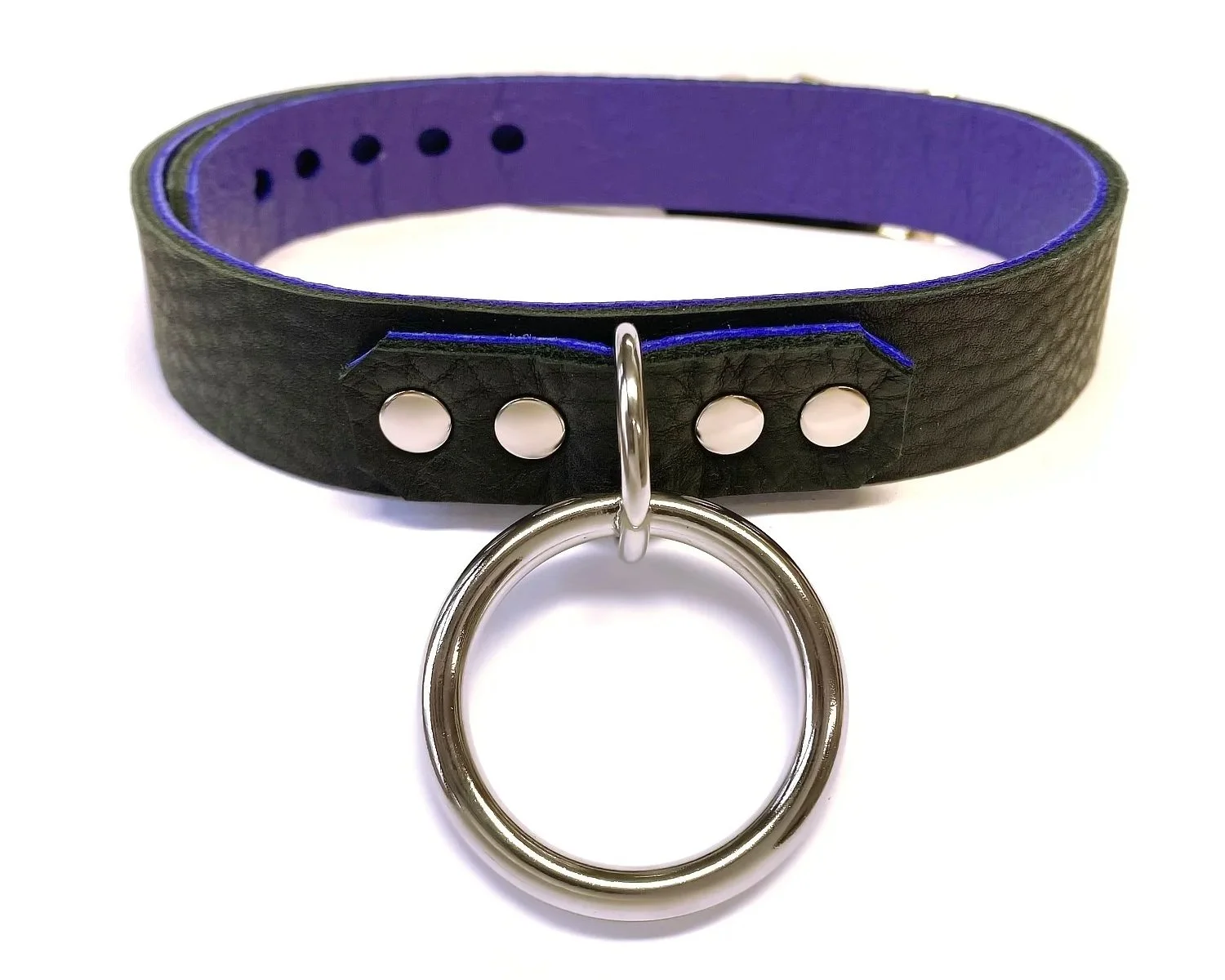 Soft Black & Purple Leather BDSM Collar with Large O Ring