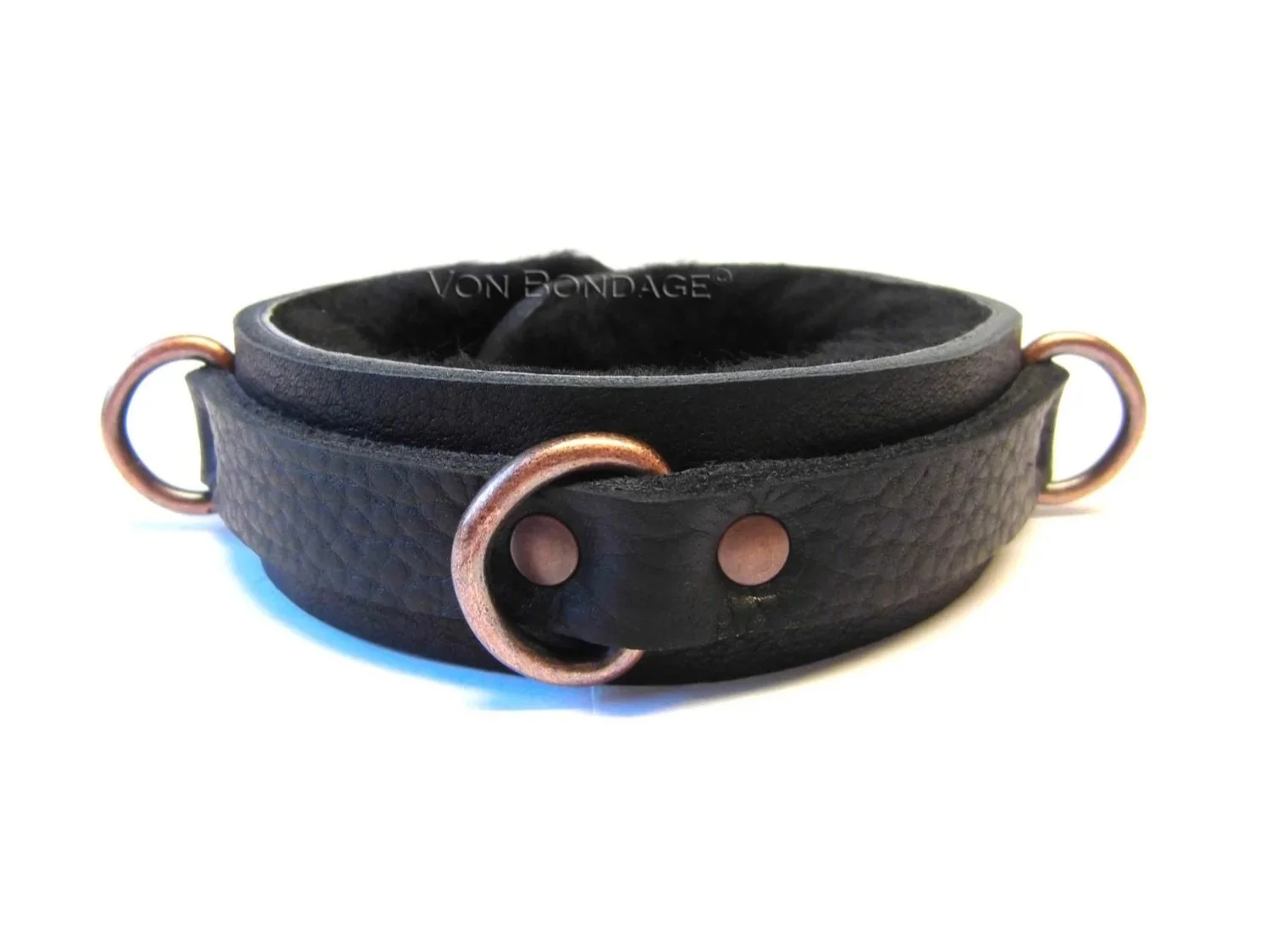 Black Leather and Sheepskin Fur Bondage Collar with 3 Copper D-rings