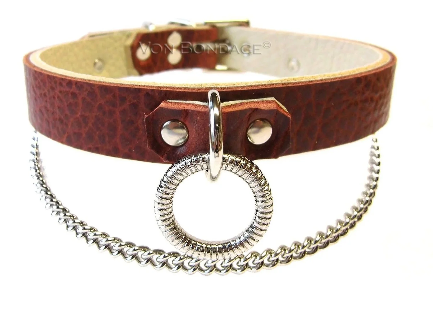 Brown Bison Leather Collar with Chain and Fancy Ribbed O-ring