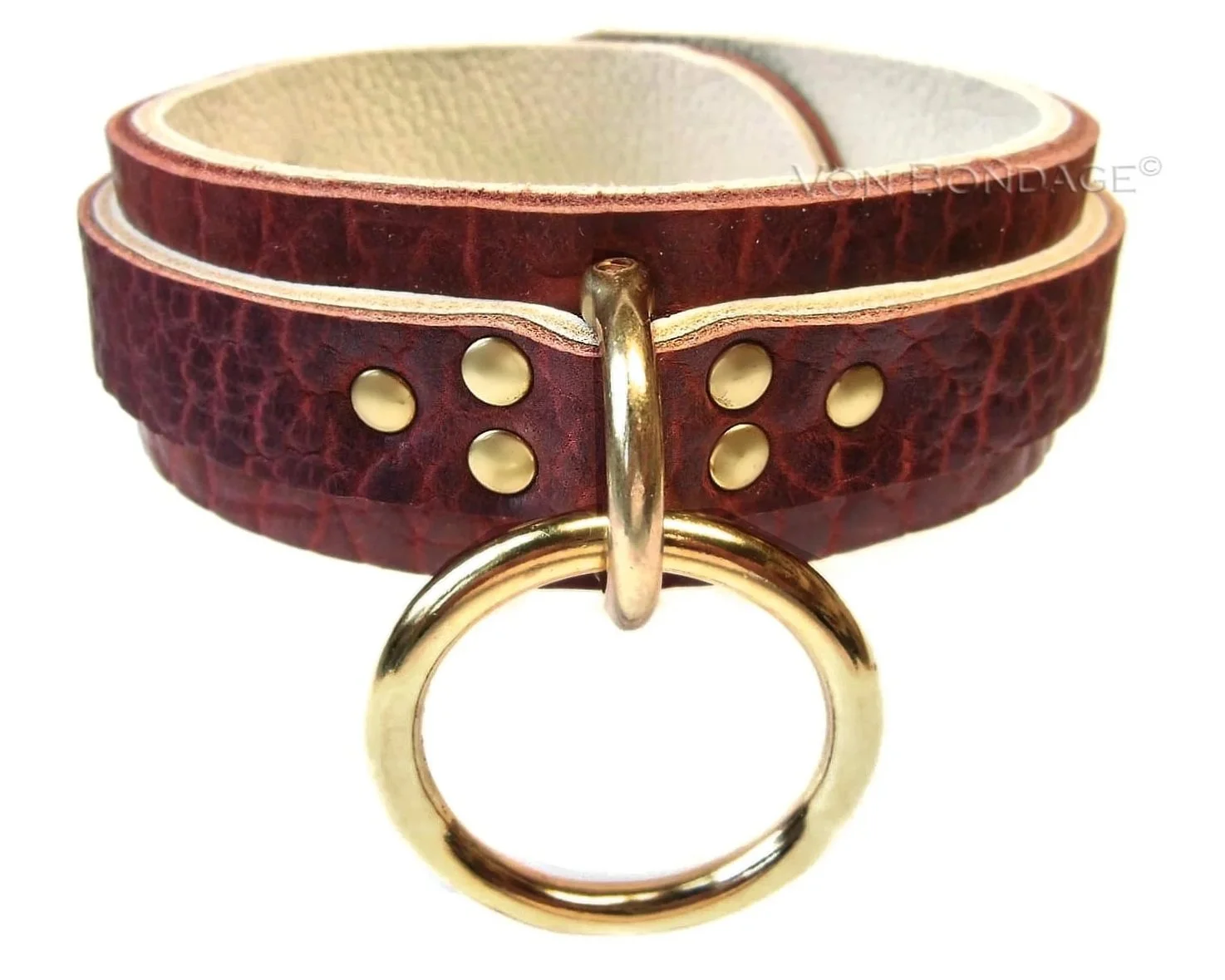 Bondage Collar in Brown Bison Leather with large gold brass ring