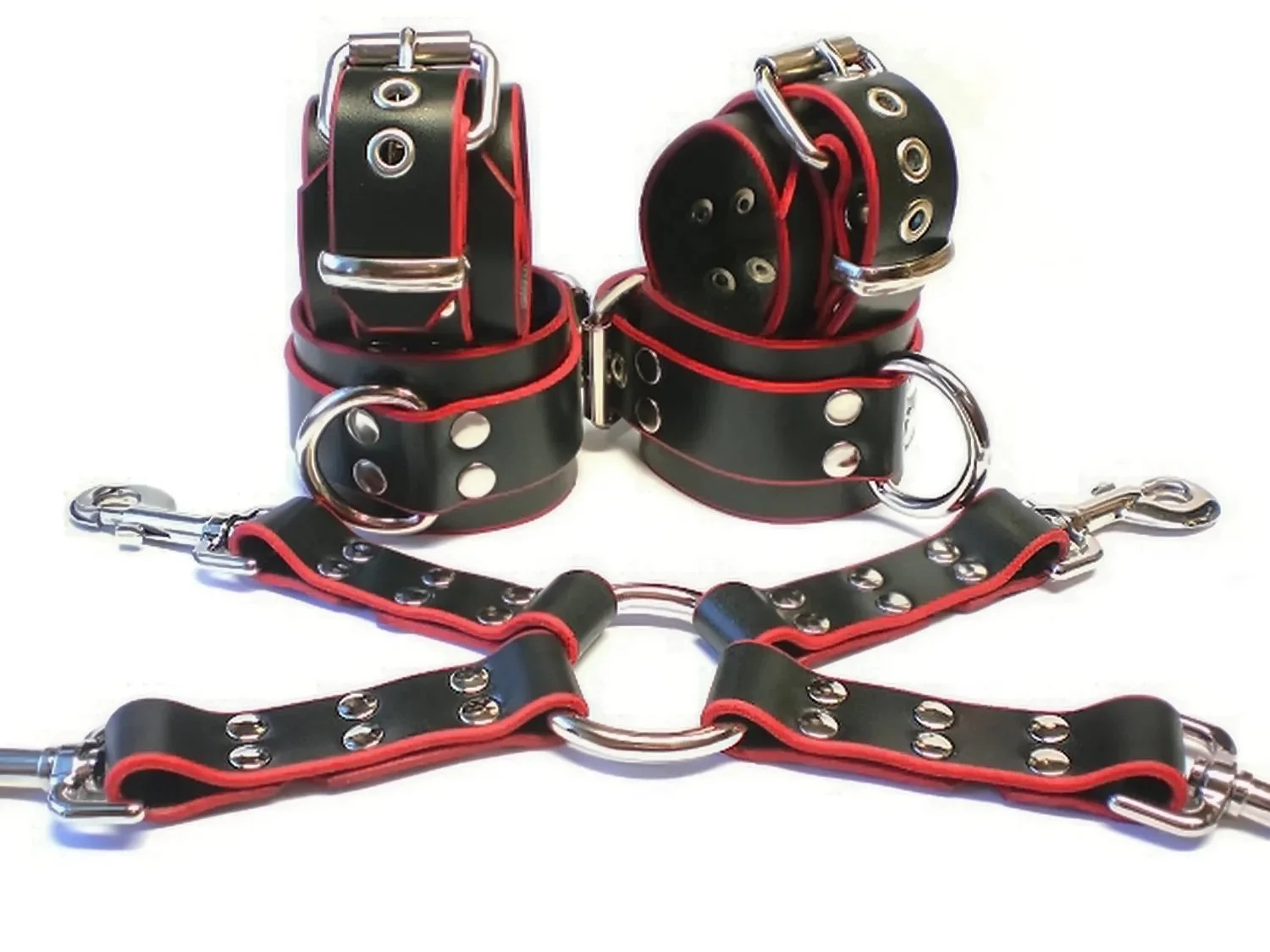 black leather BDSM restraints set with hogtie connector with red edges