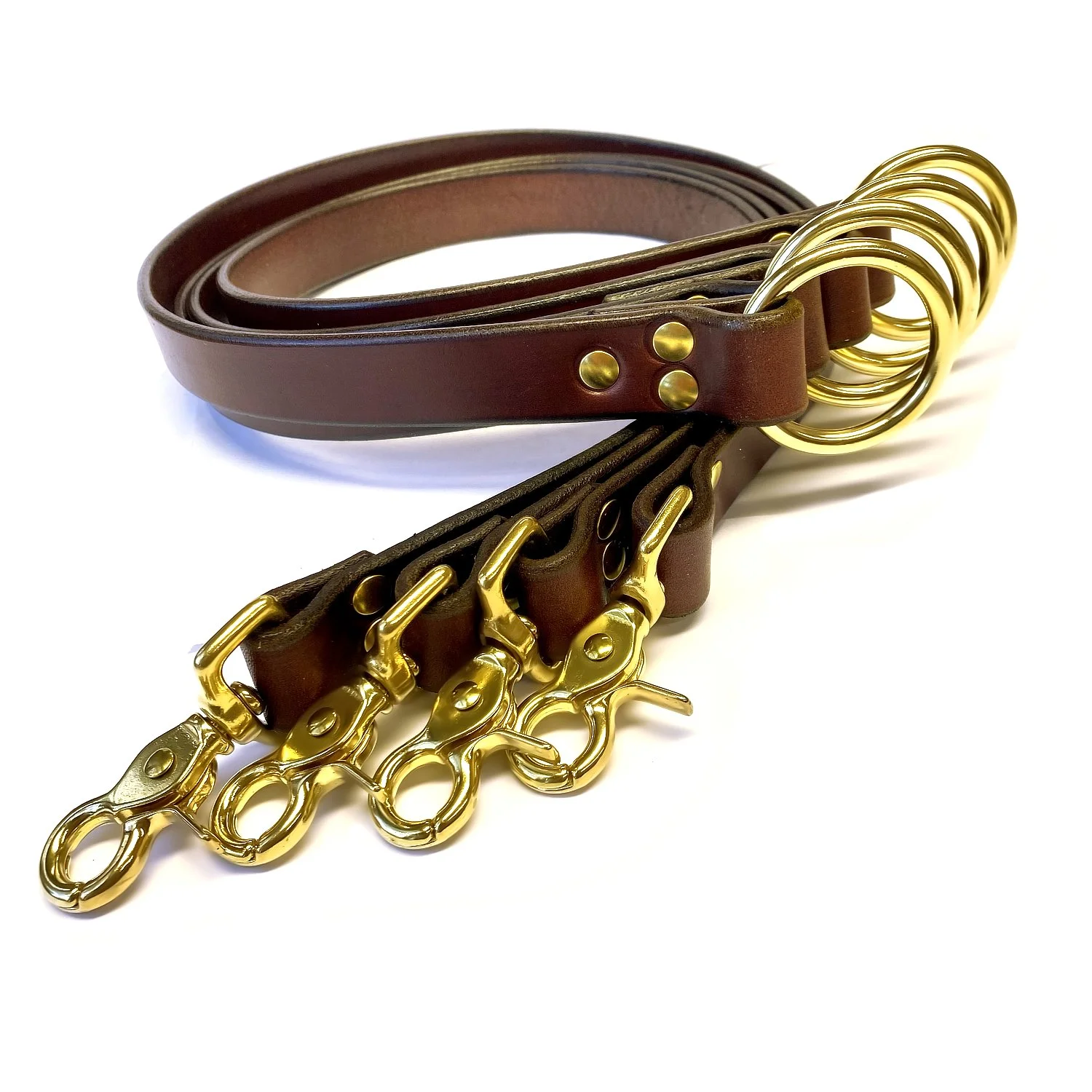 Set of 4 Brown Leather Bed Restraint Straps with Brass Scissor Clips