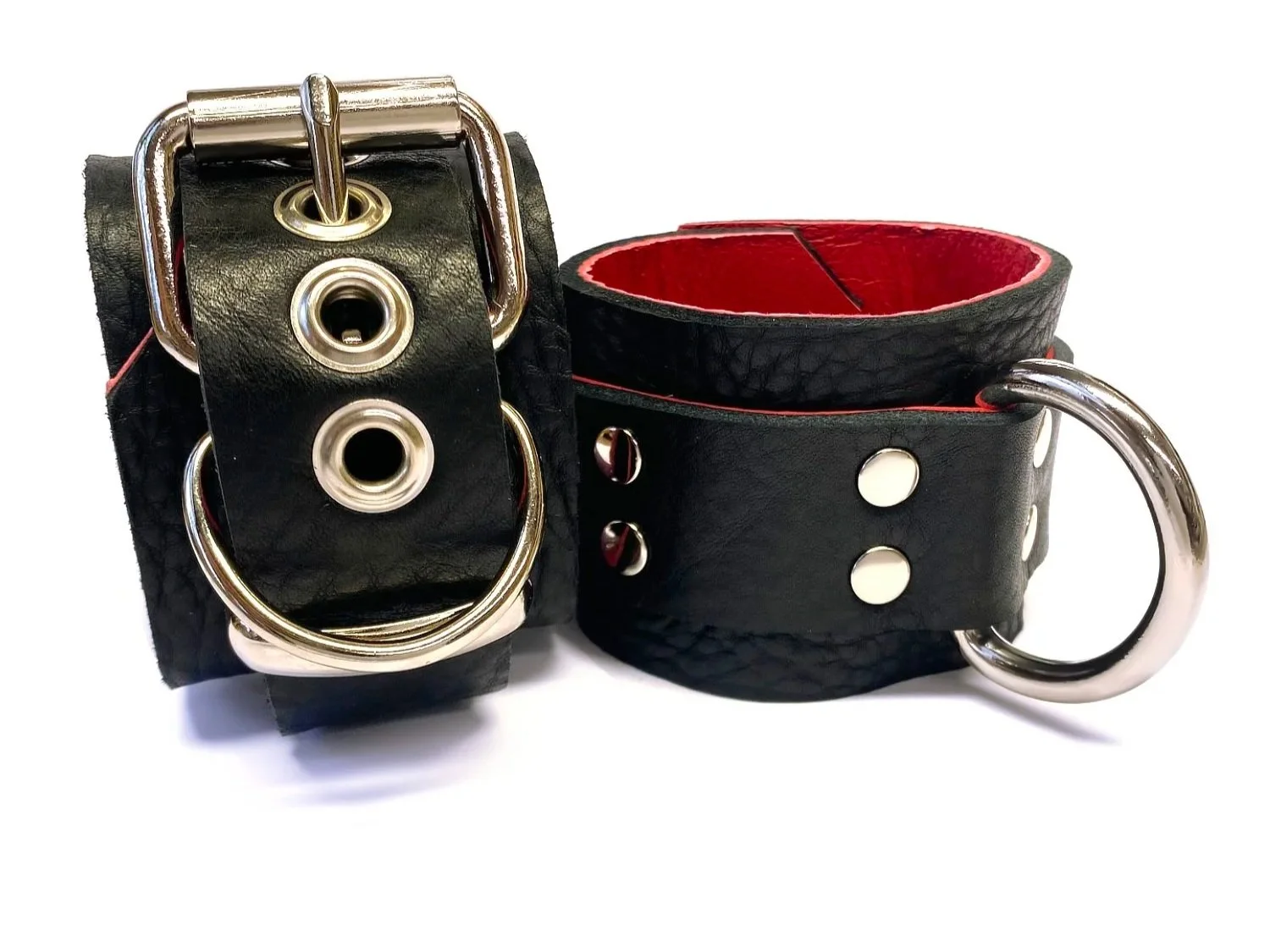 Black Bullhide Leather BDSM Cuffs lined in Red Lambskin with Large D-rings double riveted