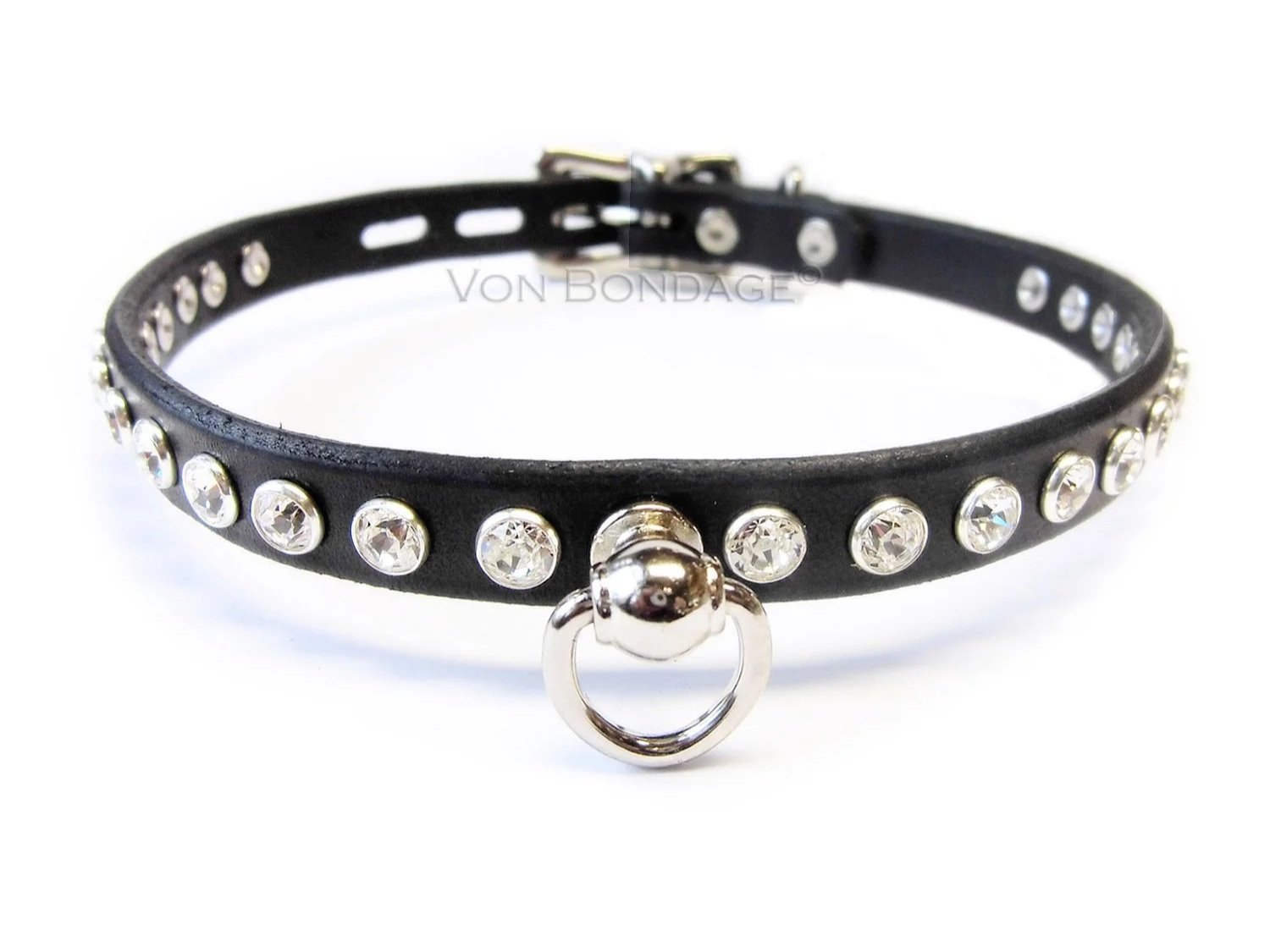 Black Leather Day Collar with Ball Stud Ring and White Swarovski Crystals