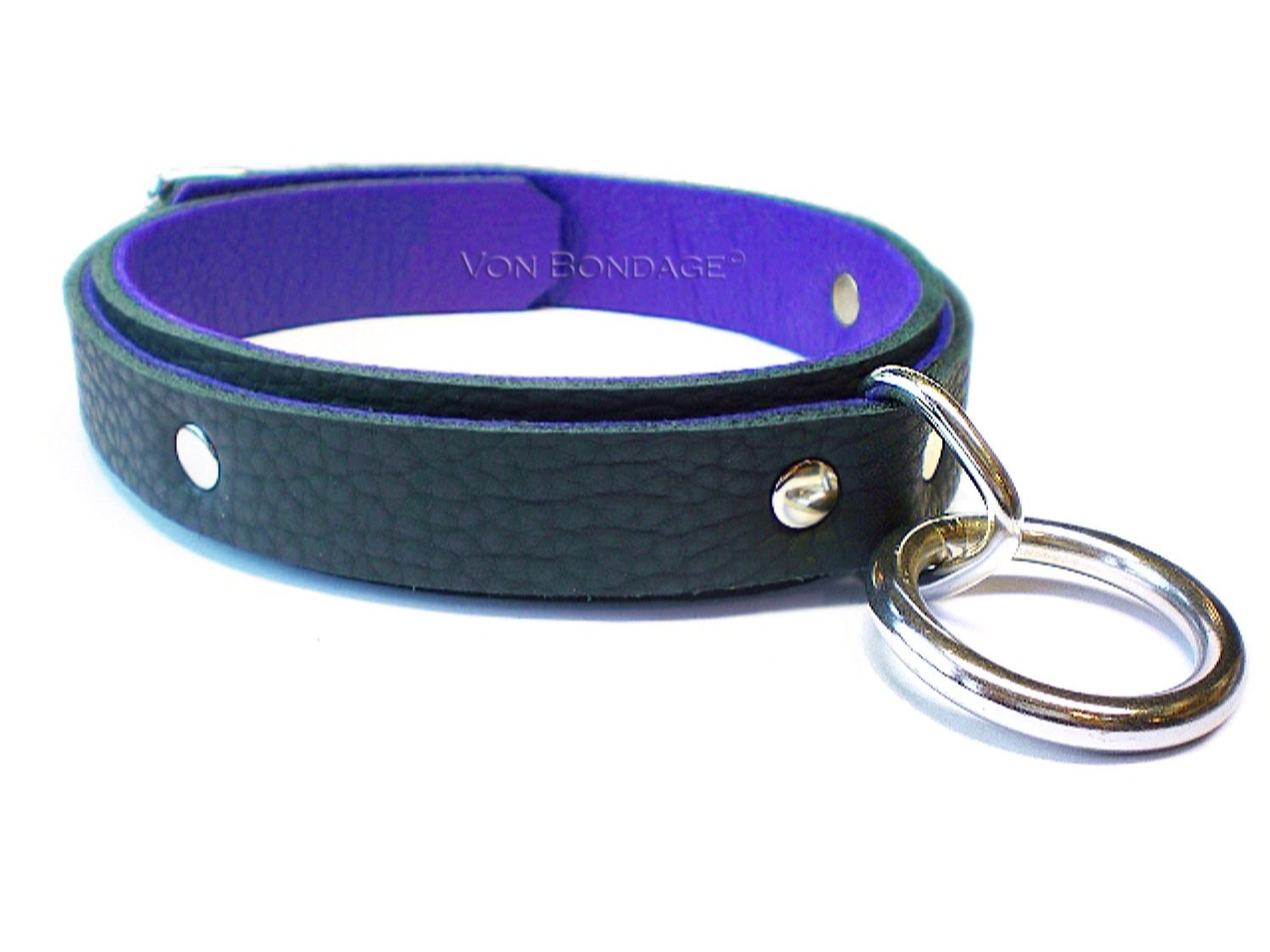 Narrow Soft Black BDSM Collar with Bondage Ring purple lining