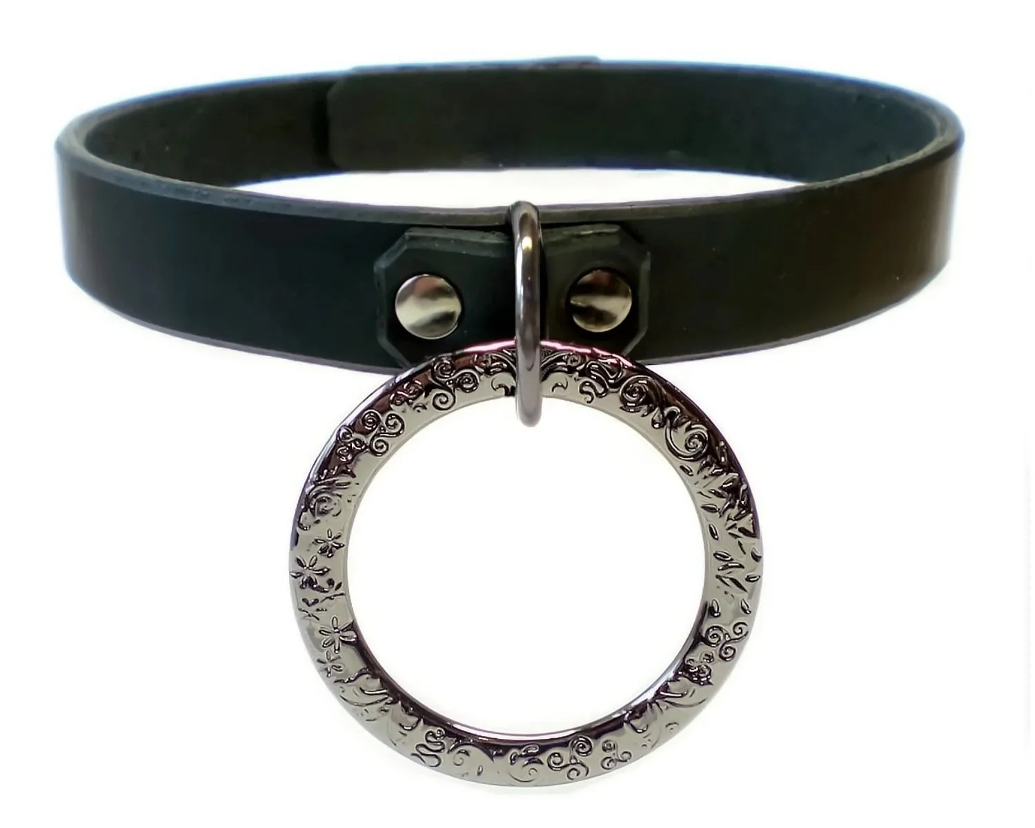 black leather collar with fancy engraved gunmetal ring