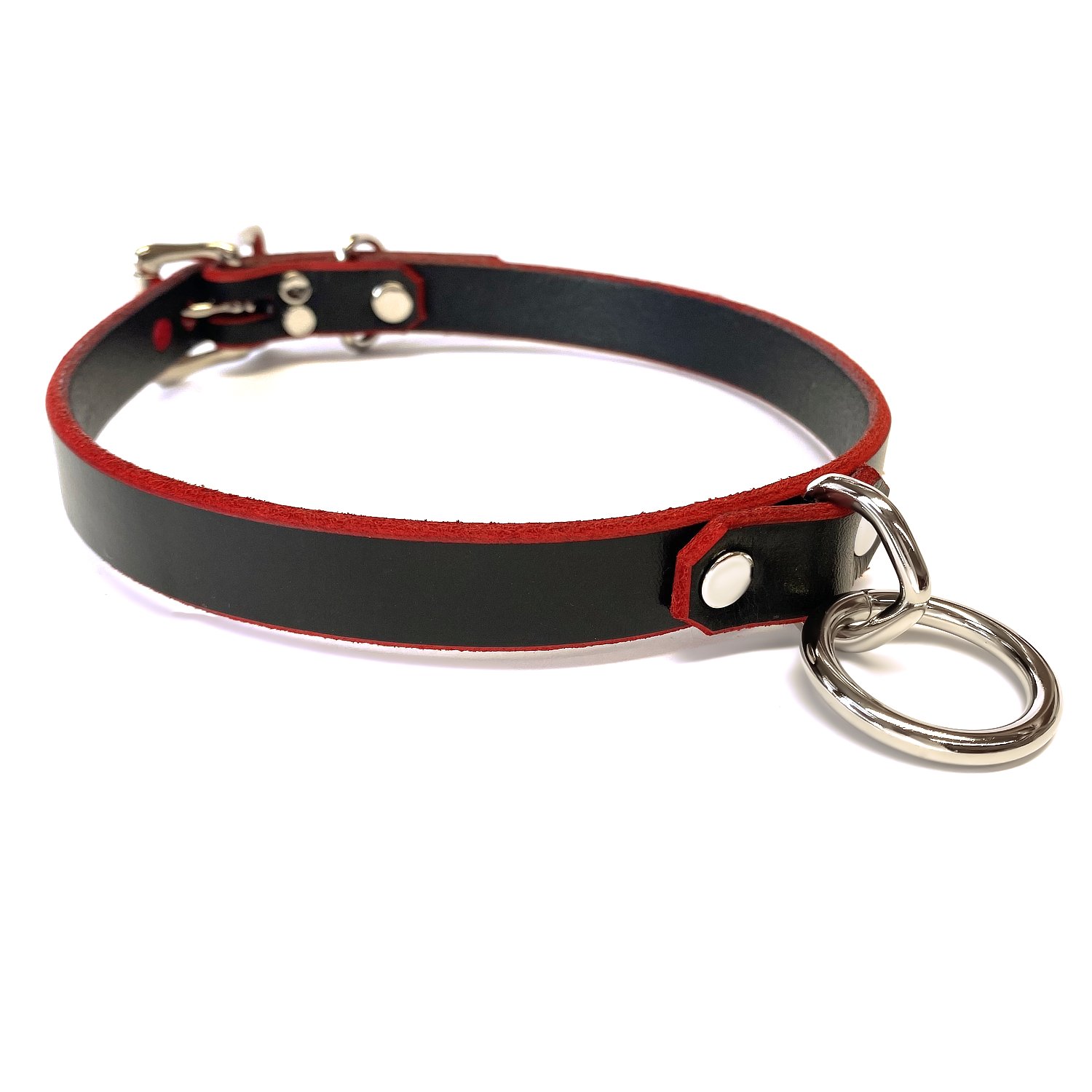 Black Leather BDSM Collar with Bondage Ring and Red Edges 