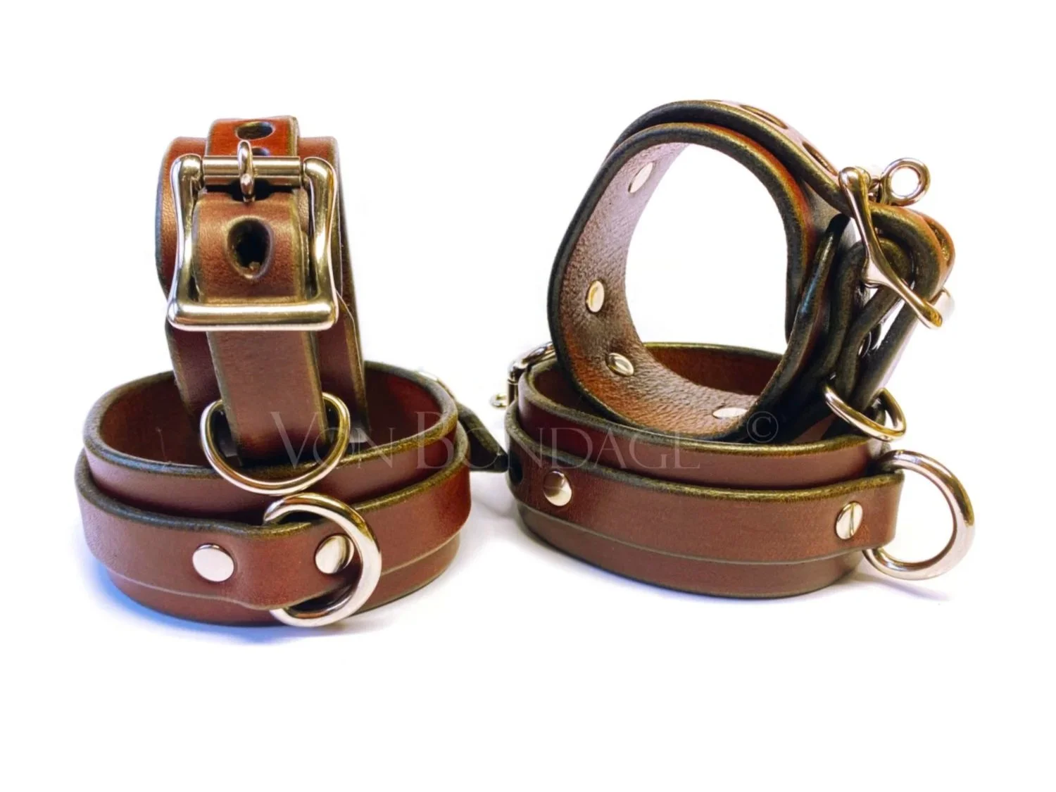 Lockable Restraints Set for Wrists & Ankles in Brown Bridle Leather