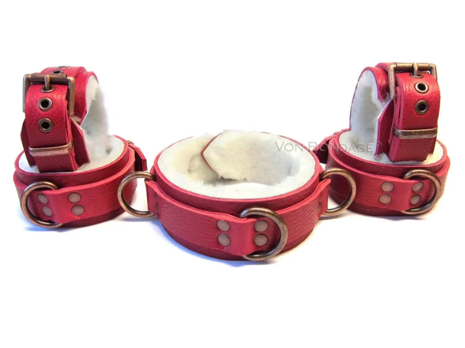 Sheepskin BDSM Restraints and Collar Set in Red Leather and white fur with copper hardware