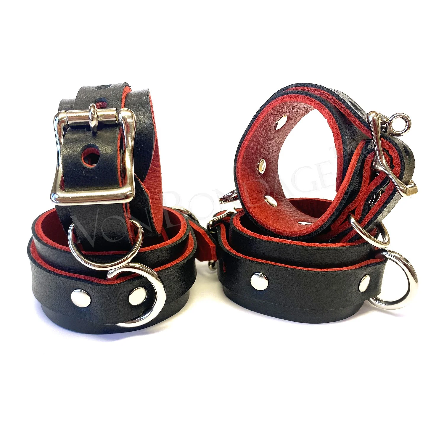 Wrist & Ankle Restraints BDSM Set lined in Red Leather