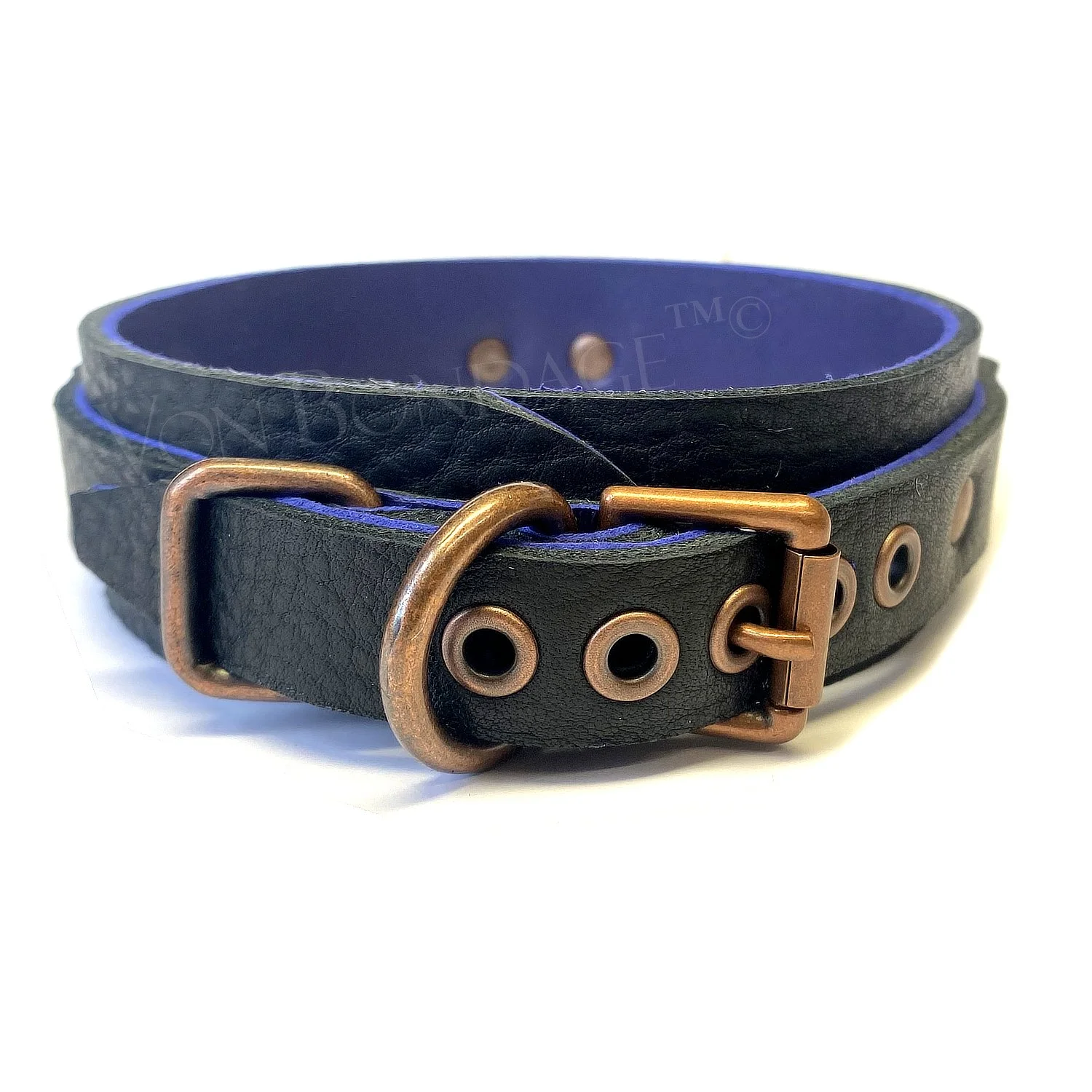 Leather BDSM Collar lined in purple lambskin with copper buckle