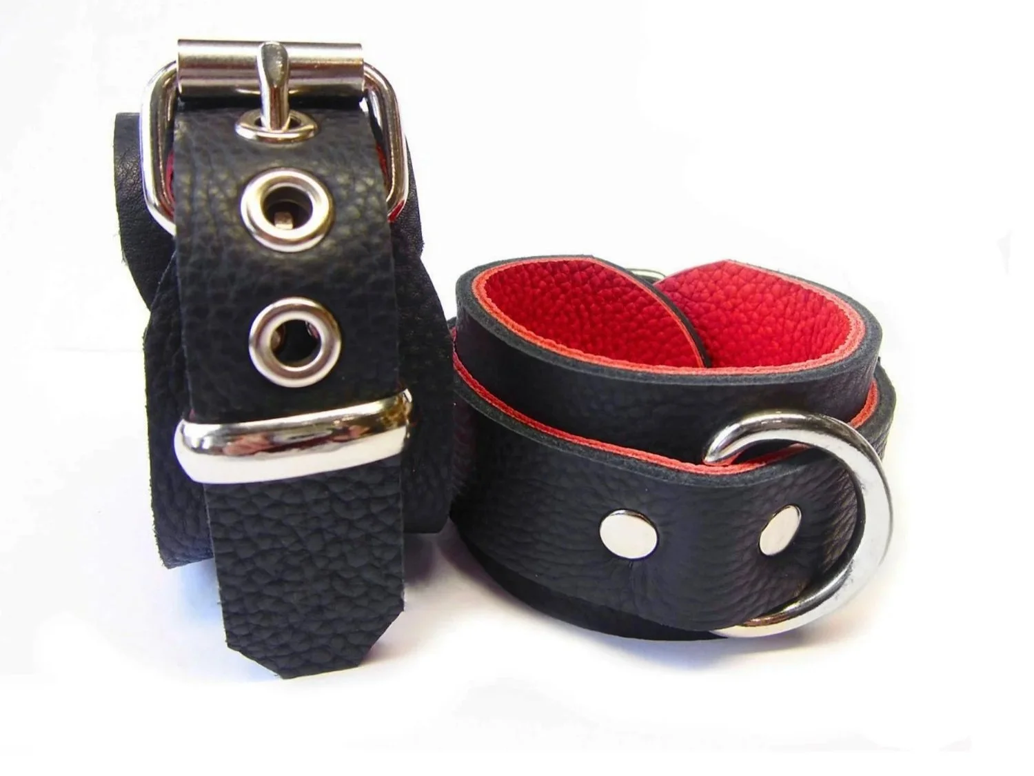 soft black leather bdsm cuffs lined in red leather