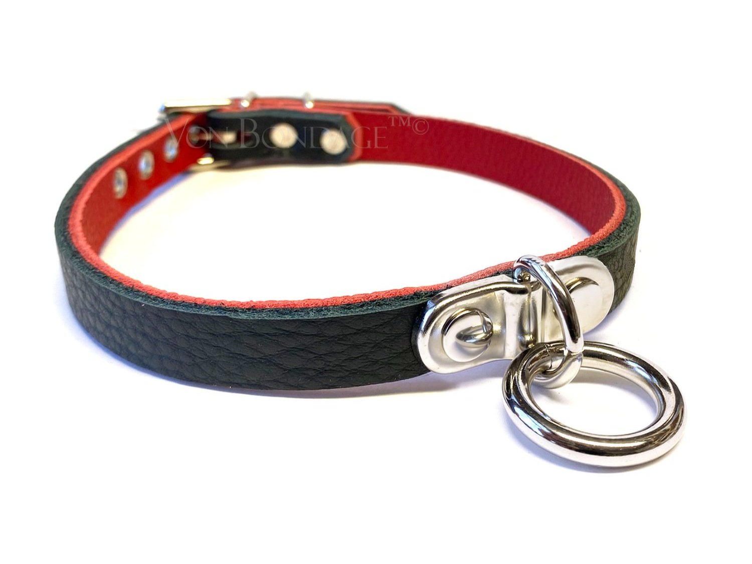 Black & Red leather BDSM Day Collar with Plated D&O Ring