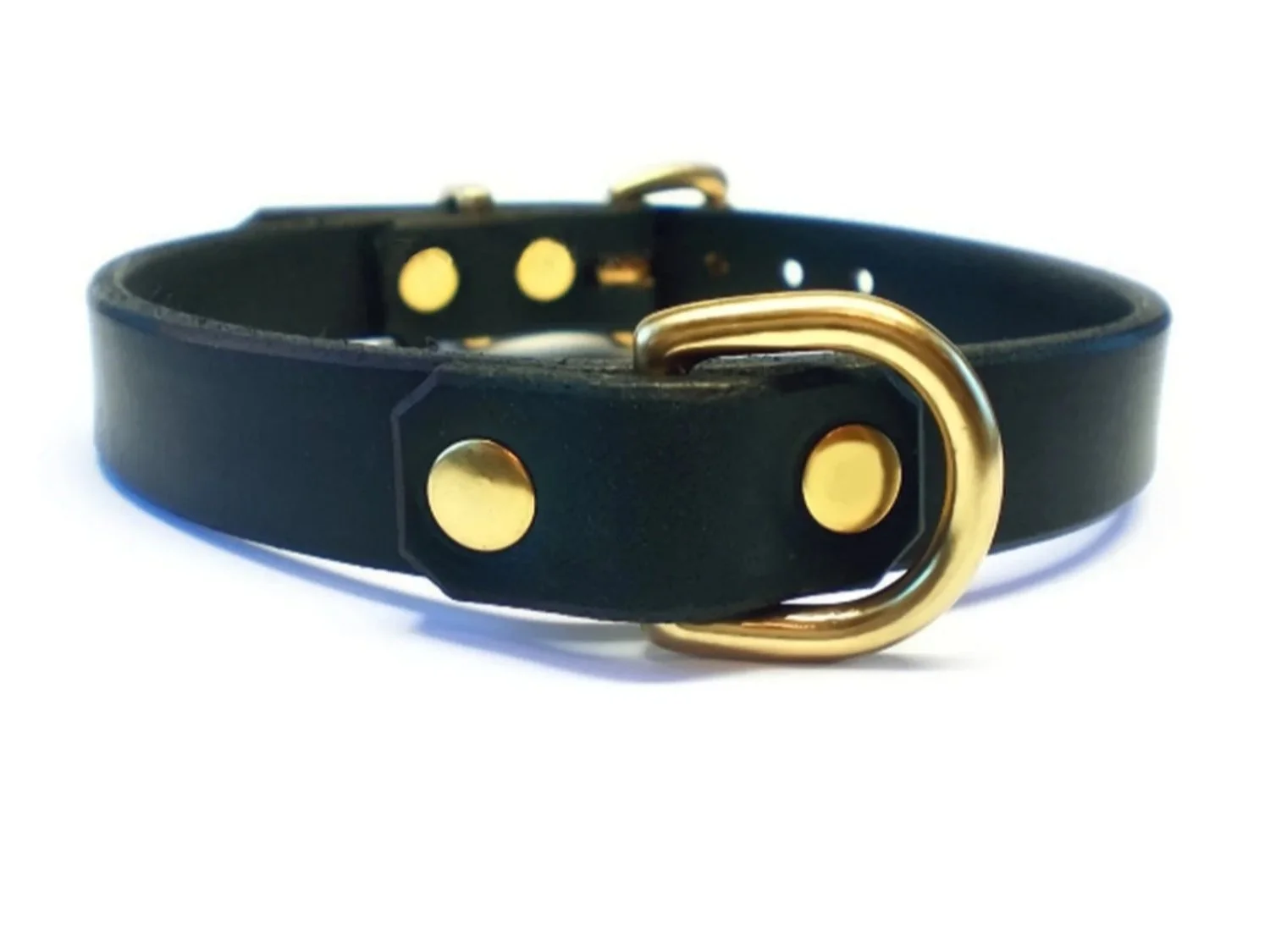 black leather submissive collar with brass d-ring