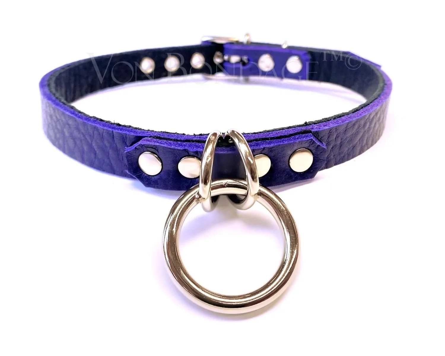 Indigo Leather Collar with double tiny d-rings and 1in O-ring