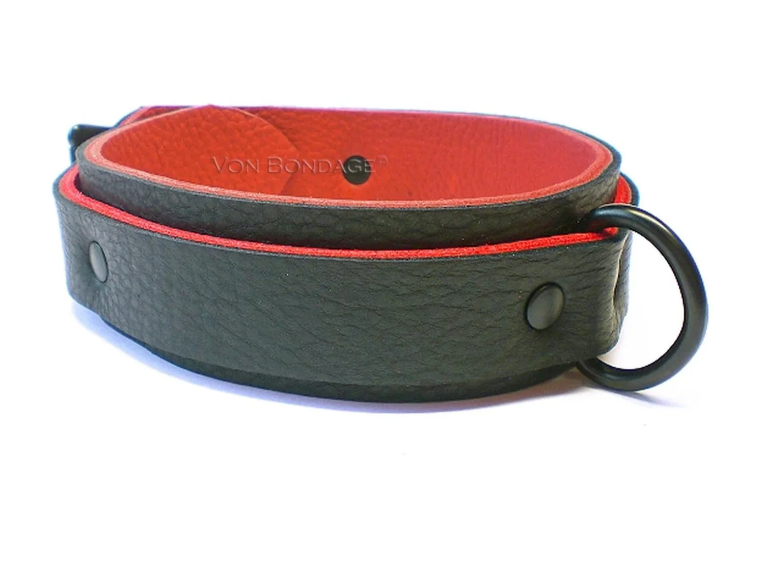 Black Bison with Red Bullhide Leather BDSM Collar with black  dee ring single row of rivets