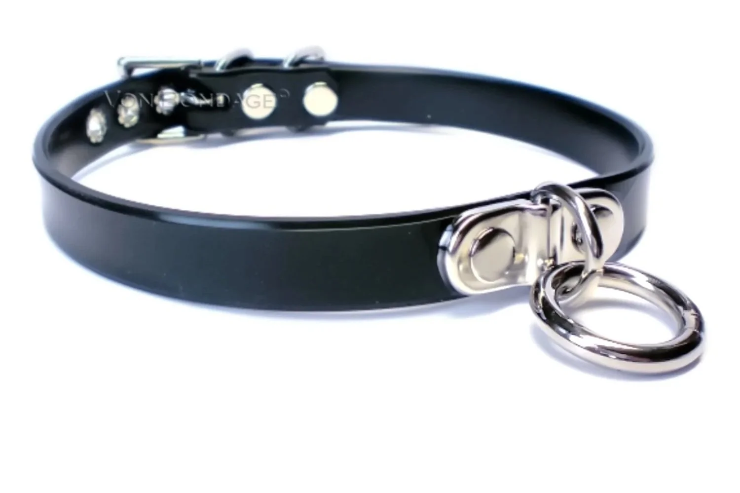 Black PVC submissive choker with plated ring