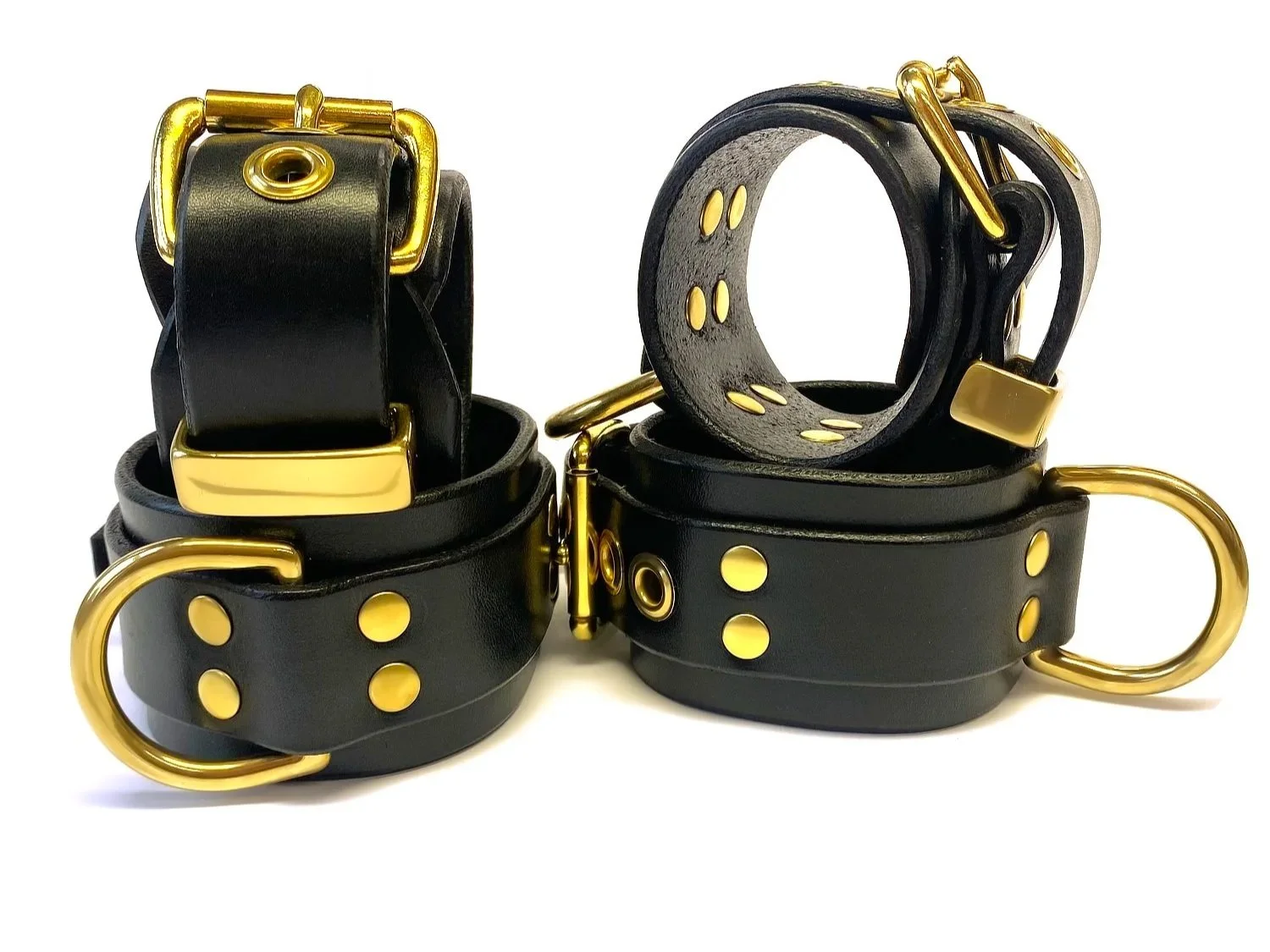 Black Latigo Wrist & Ankle Bondage Restraints Set in Brass