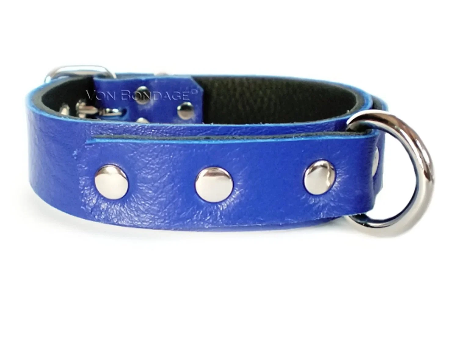 Blue Leather Bondage Collar with a D-ring in front
