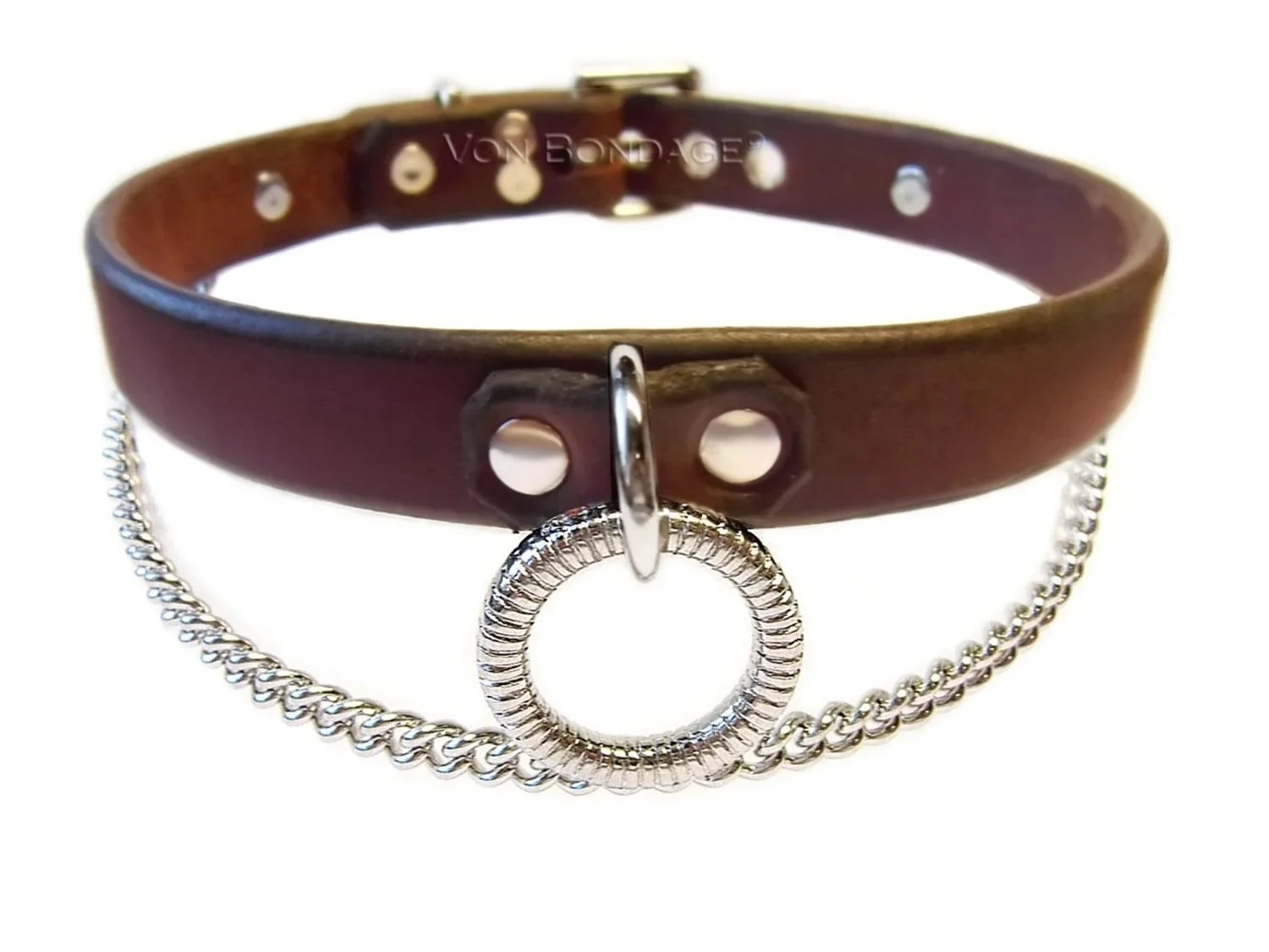 Brown Leather Lockable Collar with Ribbed Ring & Chain