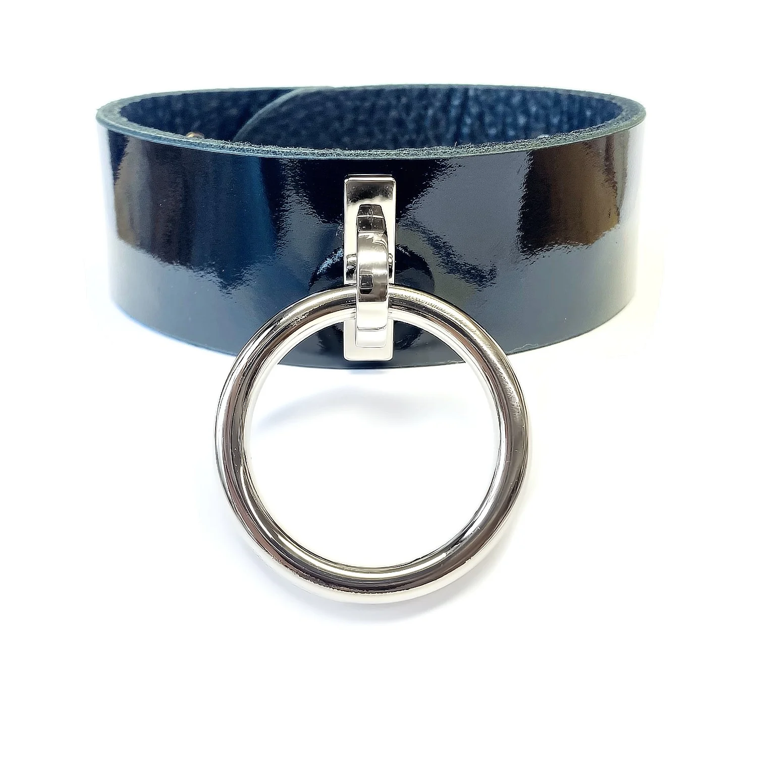 Black Patent leather bdsm collar with large O-ring for submissive