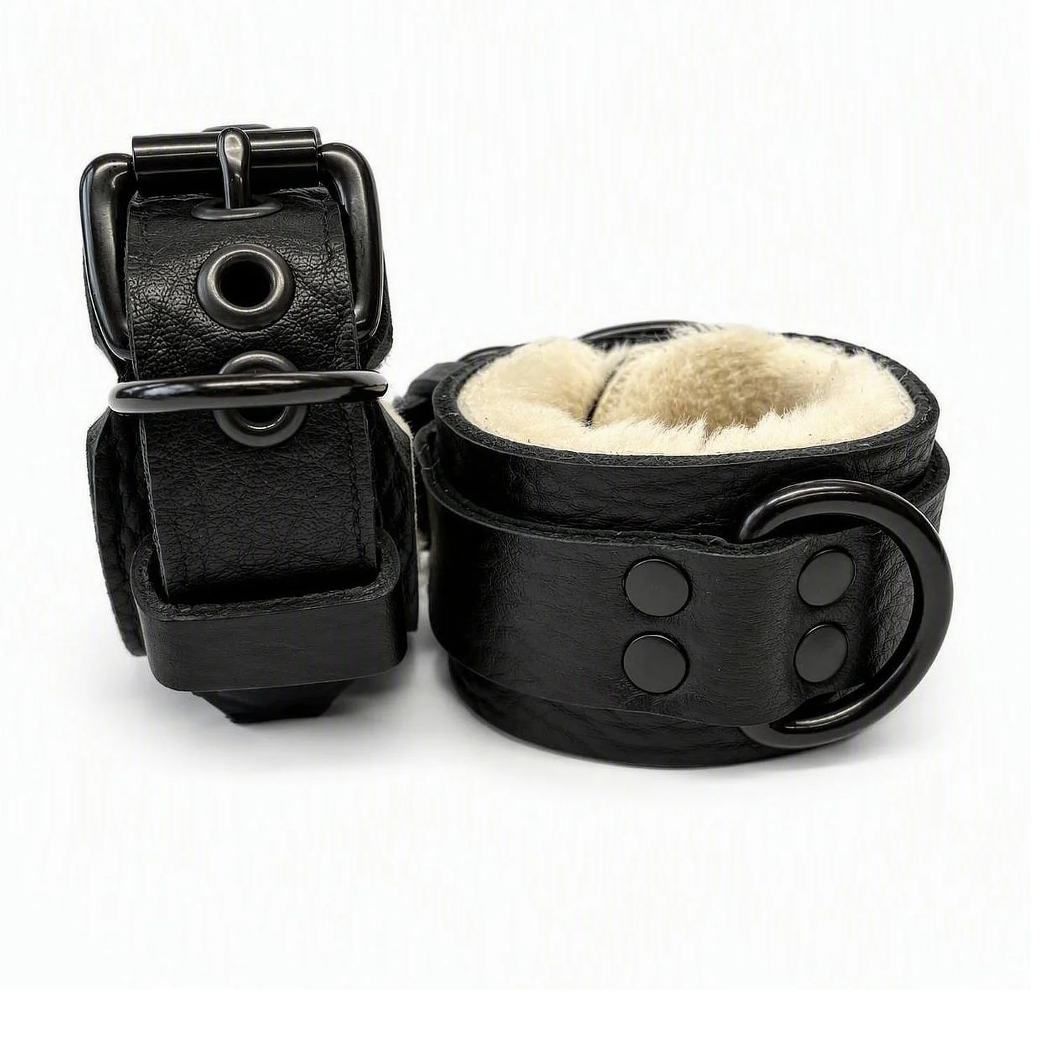 Sheepskin BDSM Restraints with Black Dee Rings in Black Bullhide White Fur