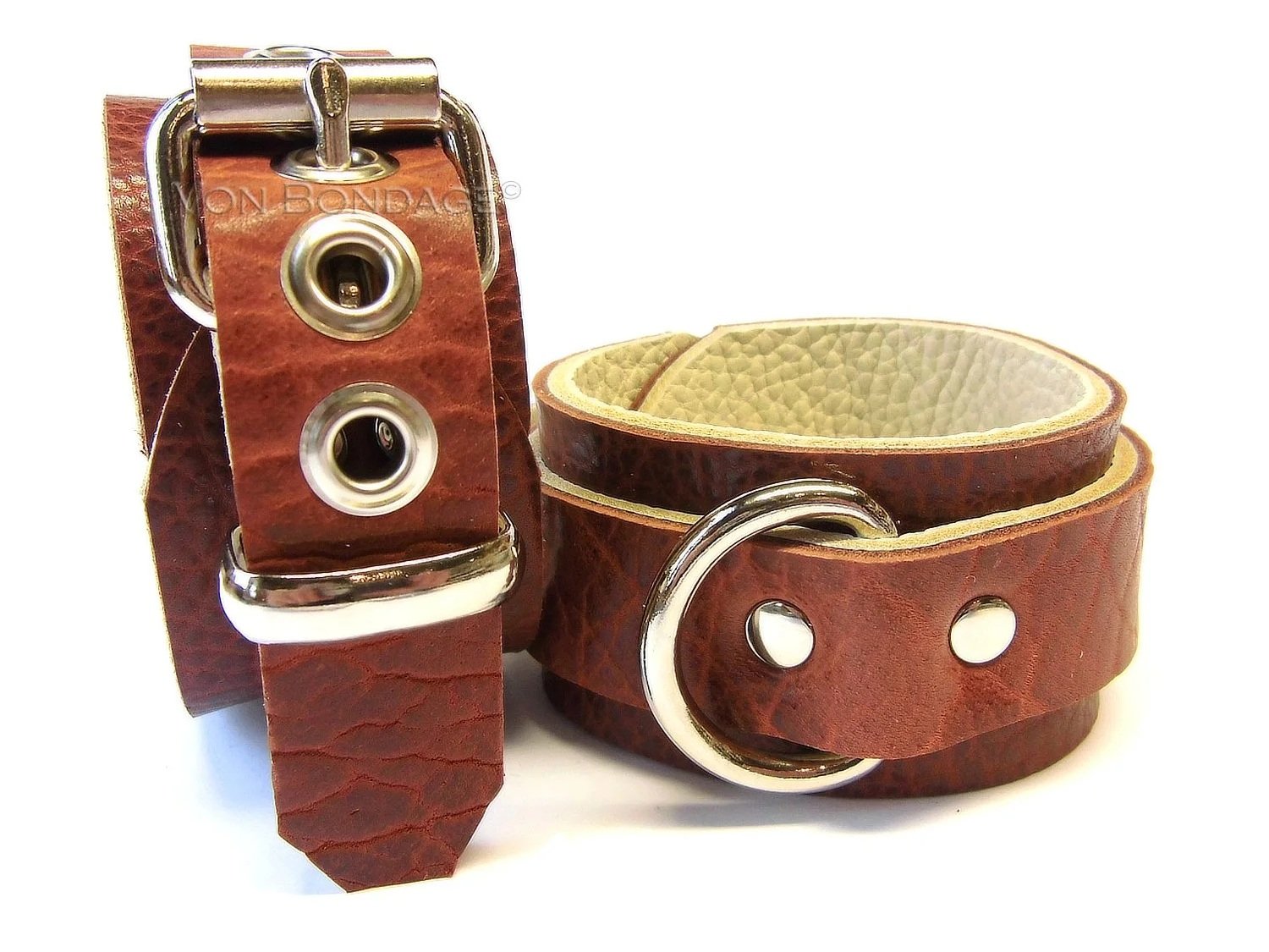 Pair of Brown Bison Leather BDSM Restraints for wrists or ankles
